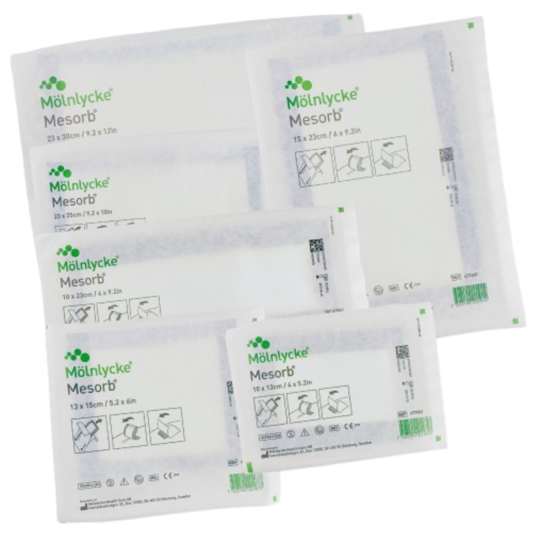 Multiple packs of Molnlycke Mesorb absorbent dressing in various sizes, displayed in sealed packaging with green branding and instructions.