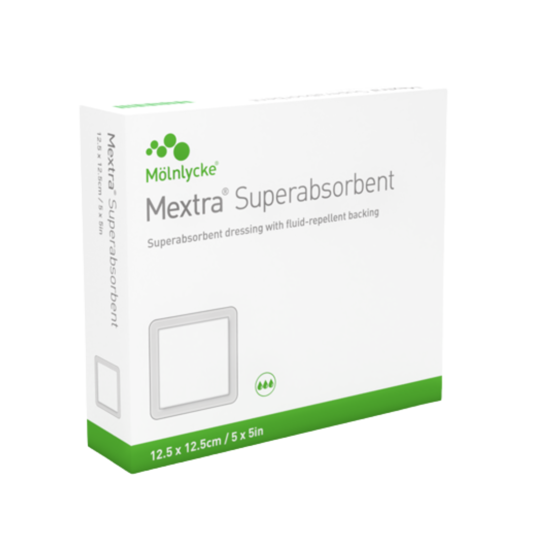 Molnlycke Mextra Superabsorbent Dressing pack showing multiple sizes for wound care
