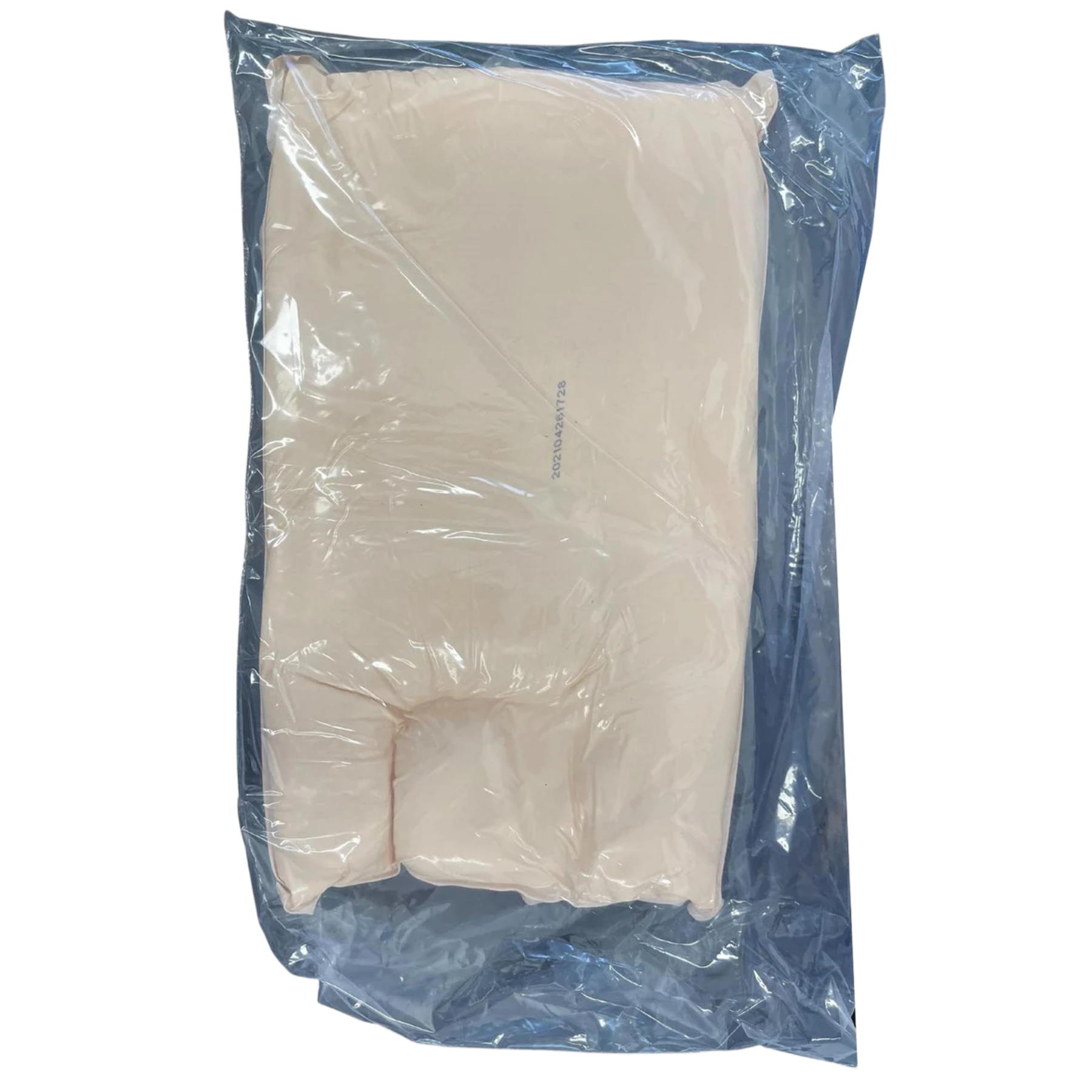 A Mölnlycke Z-Flo Fluidized positioner pad enclosed within its large, clear plastic protective shipping bag.