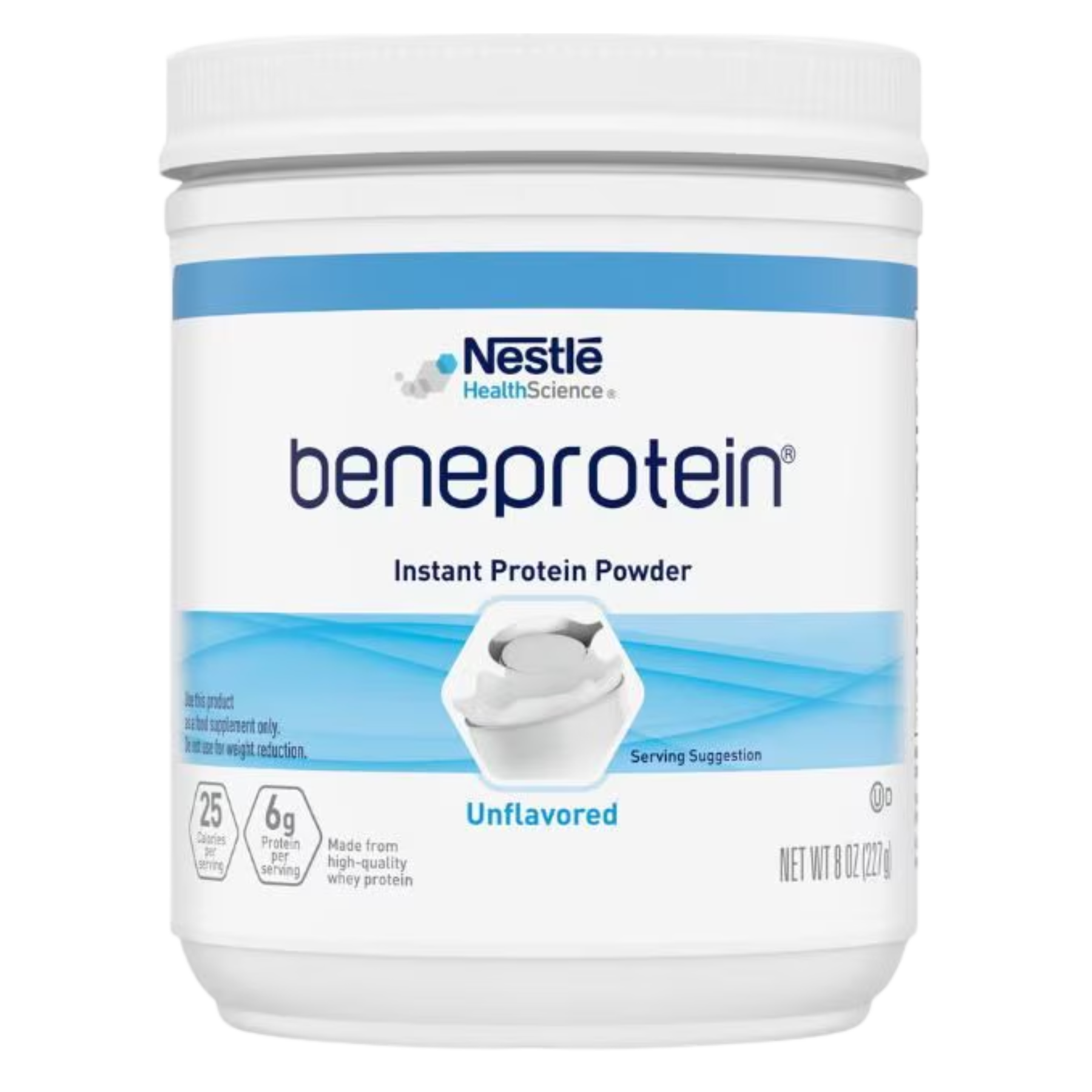 Front view of an 8oz canister of Nestlé Health Science Beneprotein Unflavored Instant Protein Powder.