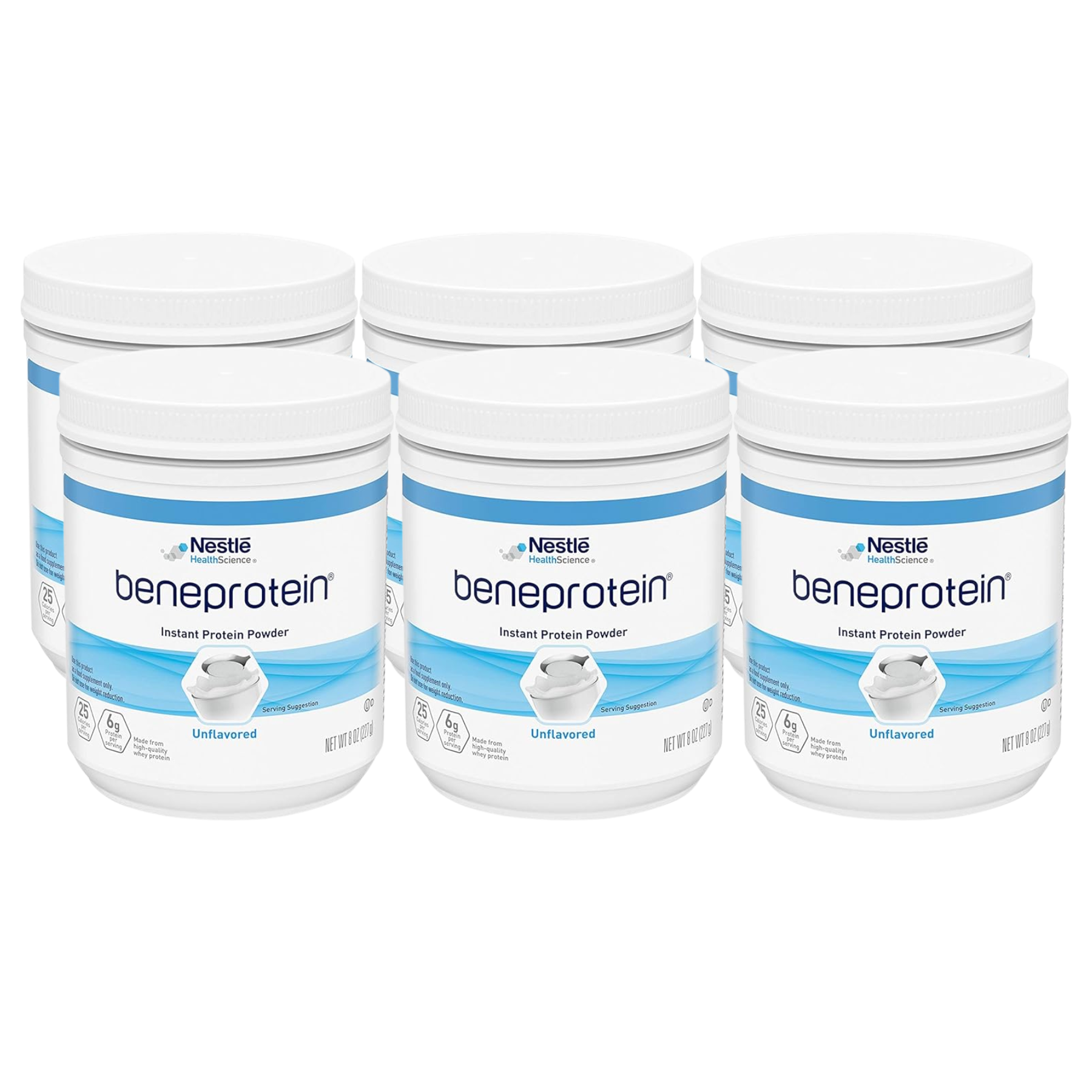 Six canisters of Nestlé Beneprotein Instant Protein Powder arranged in two rows for bulk purchase.
