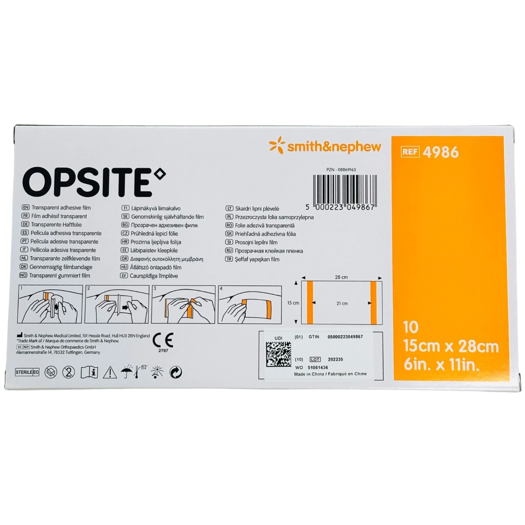 The back of the Opsite 4986 box showing multi-language product descriptions, application diagrams, and a sizing chart for the 15cm x 28cm drape.