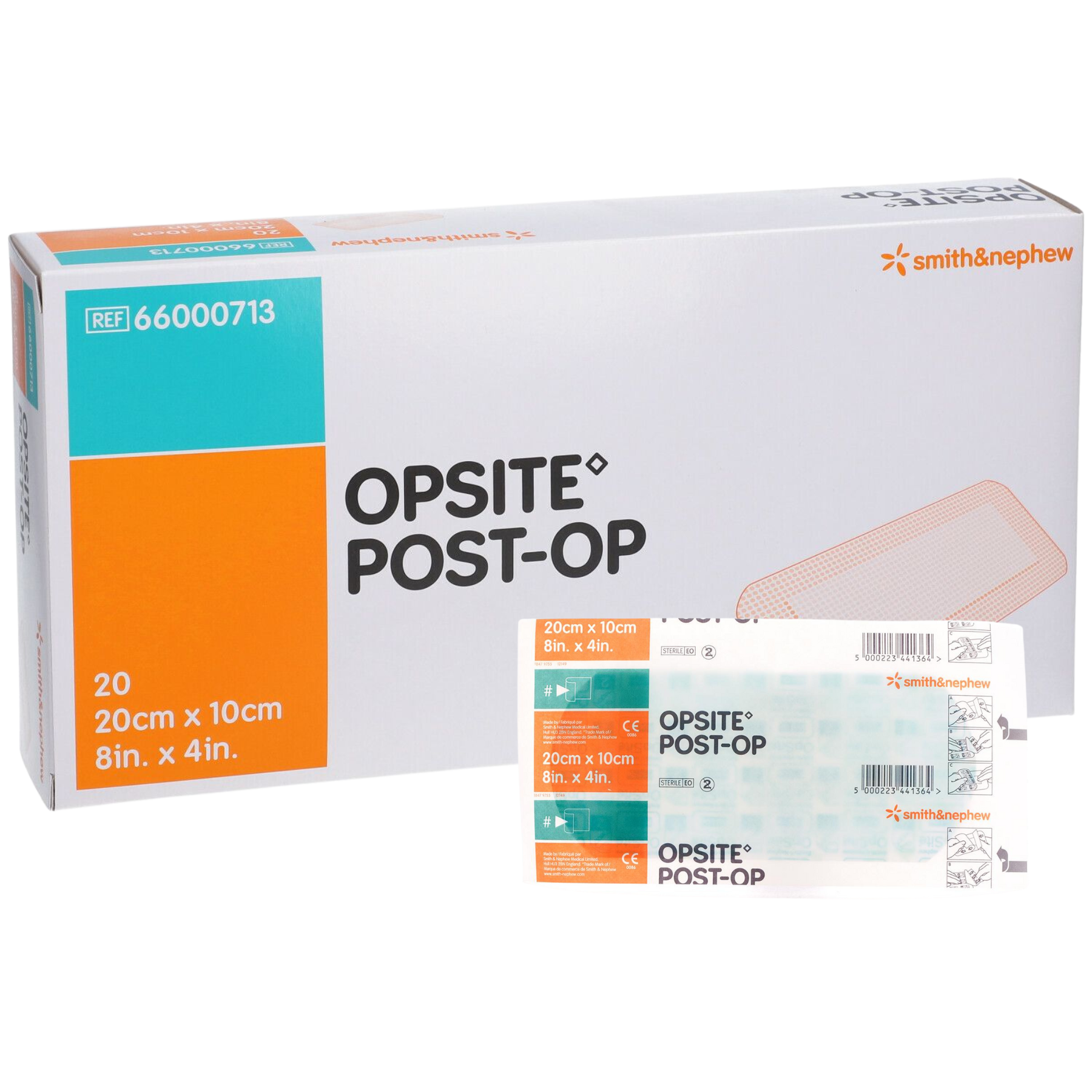 Front view of OPSITE Post-Op 20cm x 10cm (8in x 4in) dressing box and individual sachet, product code #66000713.
