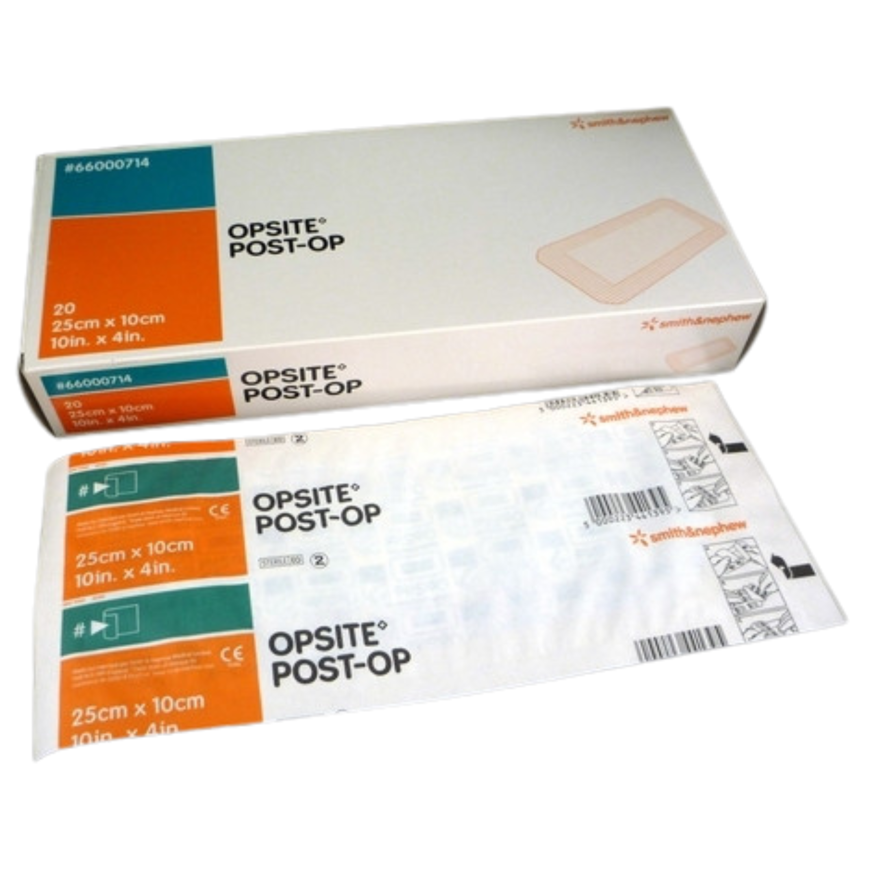 Large 25cm x 10cm (10in x 4in) OPSITE Post-Op dressing box of 20 and sterile sachet, product code #66000714.