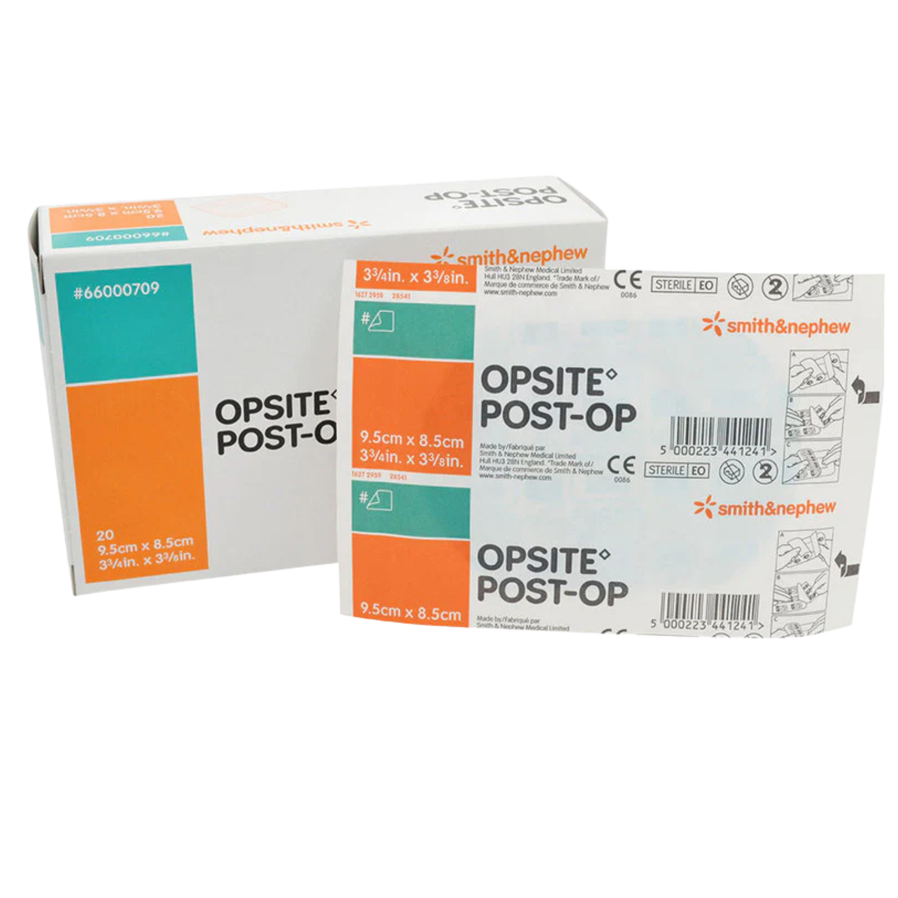 A box of 20 Smith & Nephew OPSITE Post-Op dressings, size 9.5cm x 8.5cm (3.75in x 3.375in), product code #66000709, shown with individual sterile packaging.