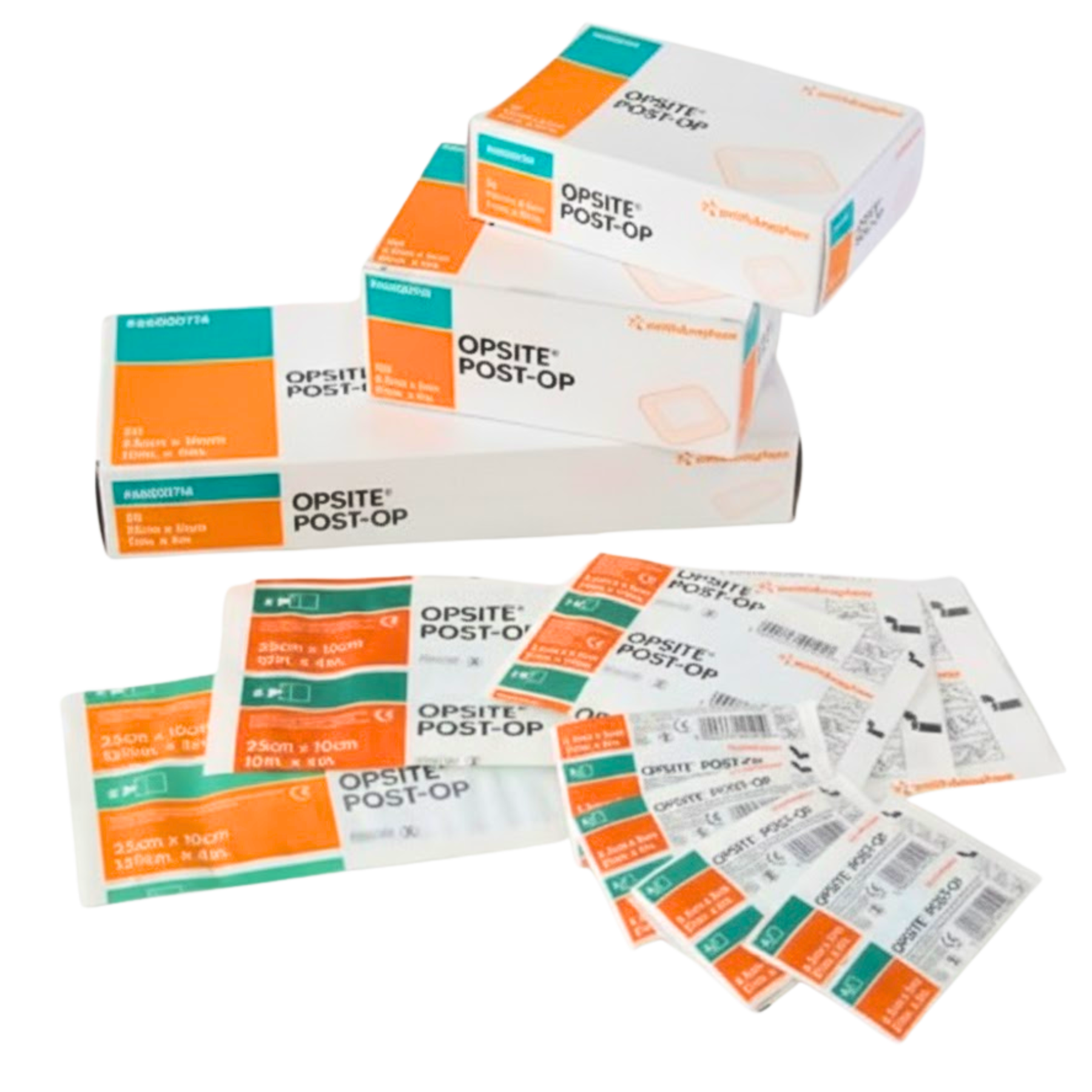 A stacked collection of various OPSITE Post-Op dressing boxes and sachets, demonstrating different available sizes from 6.5cm to 25cm