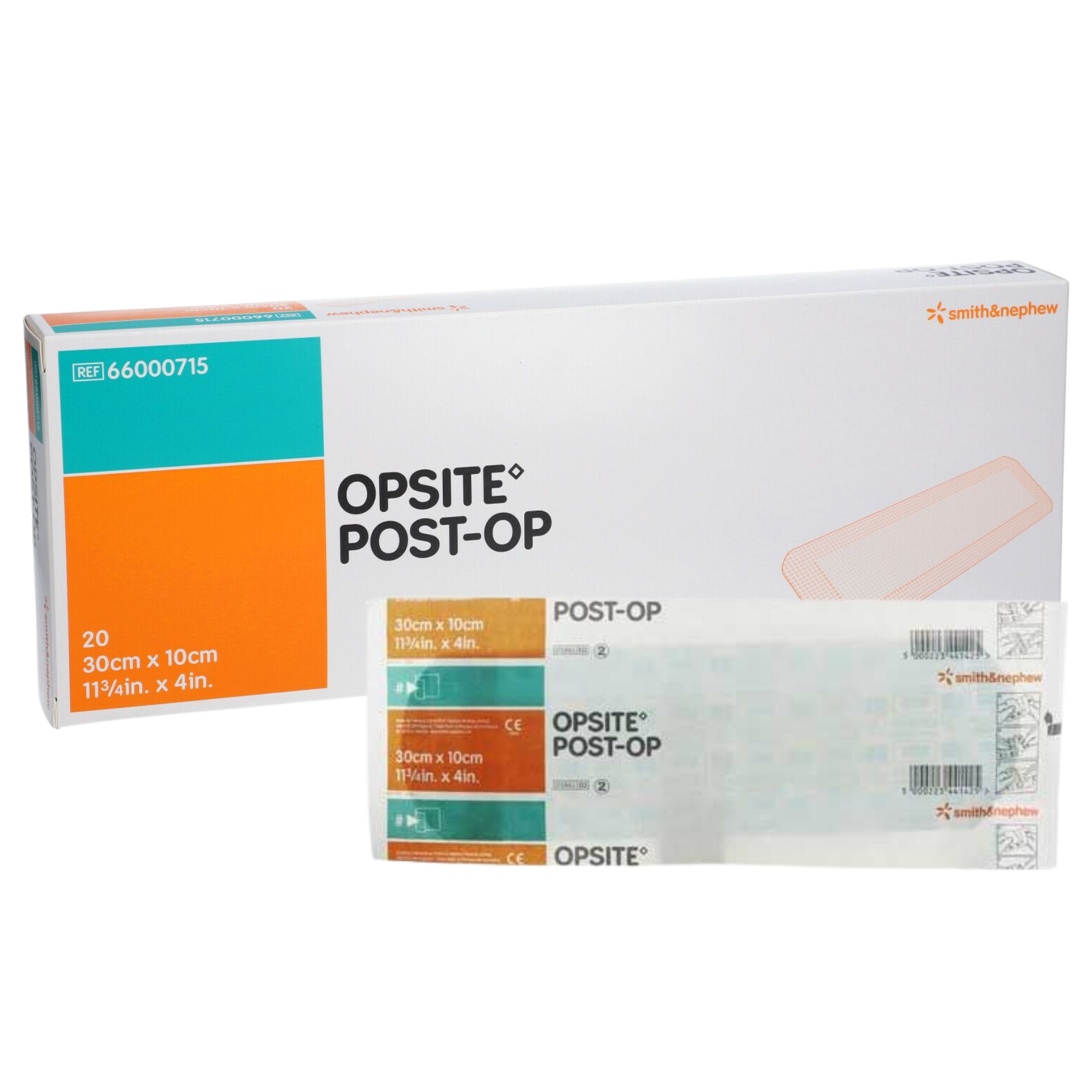 Smith & Nephew OPSITE Post-Op 30cm x 10cm (11.75in x 4in) dressing packaging, product code #66000715.