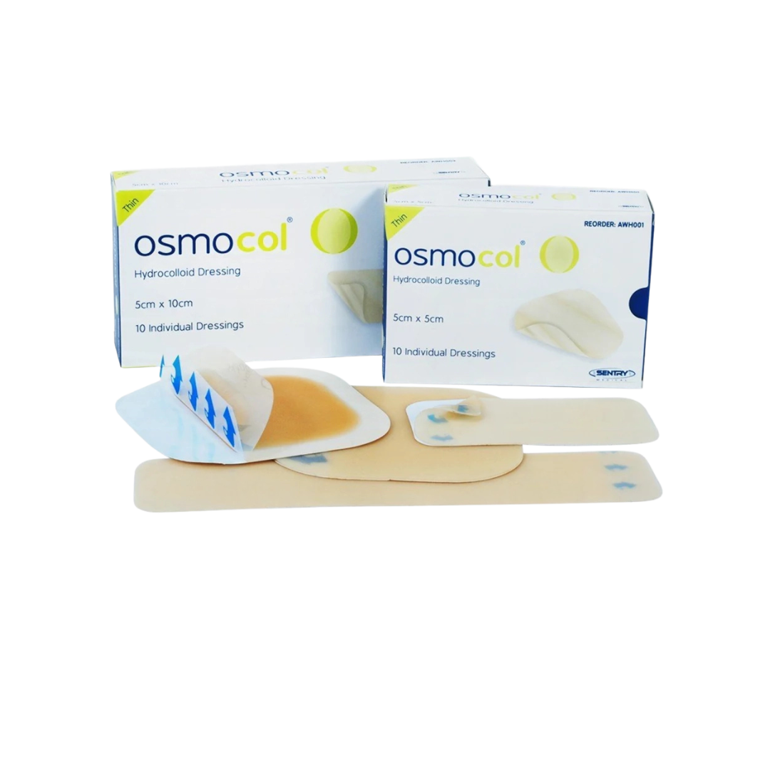 OsmoCol Hydrocolloid Dressing packs with assorted sizes for wound care, promoting moist healing and protection.