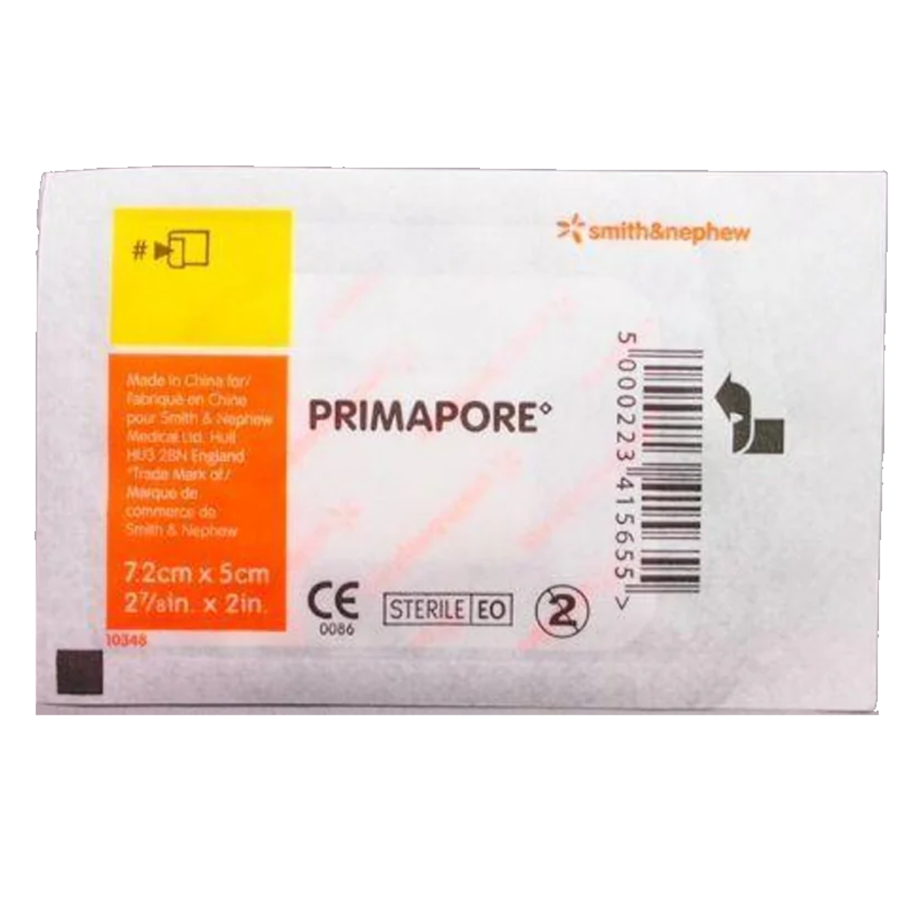 A single sterile sachet of Smith & Nephew Primapore adhesive dressing showing the 7.2cm x 5cm dimensions and barcode.