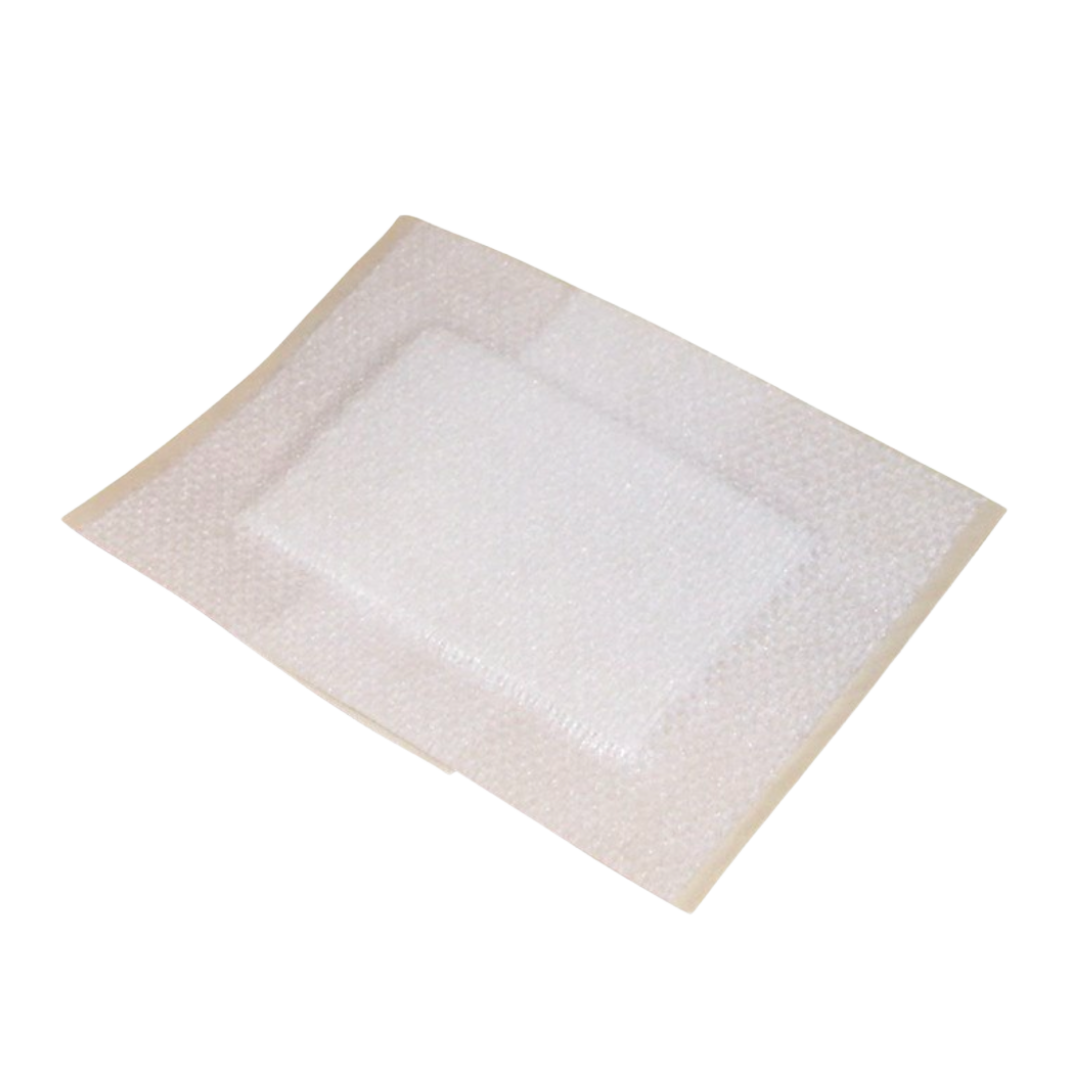 Close-up view of a single sterile-packaged Primapore Non-Woven Wound Dressing, showing the white absorbent pad centered on the breathable adhesive backing.
