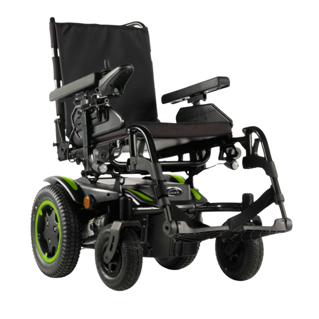 Black electric wheelchair with green accents on a white background. QUICKIE Q200 R Power Chair