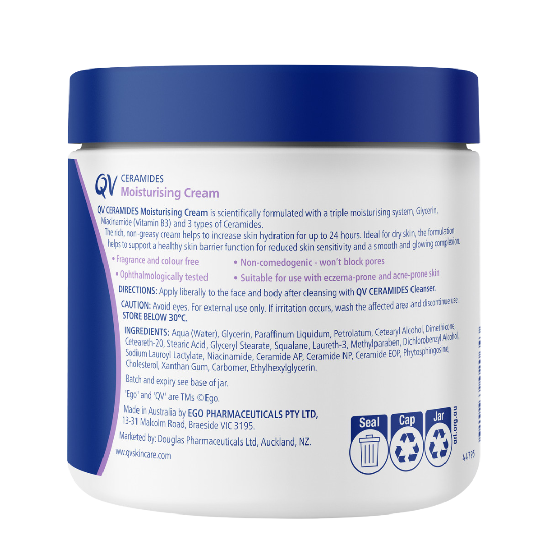 Back view of a jar of QV Ceramides Moisturising Cream with text and labels.
