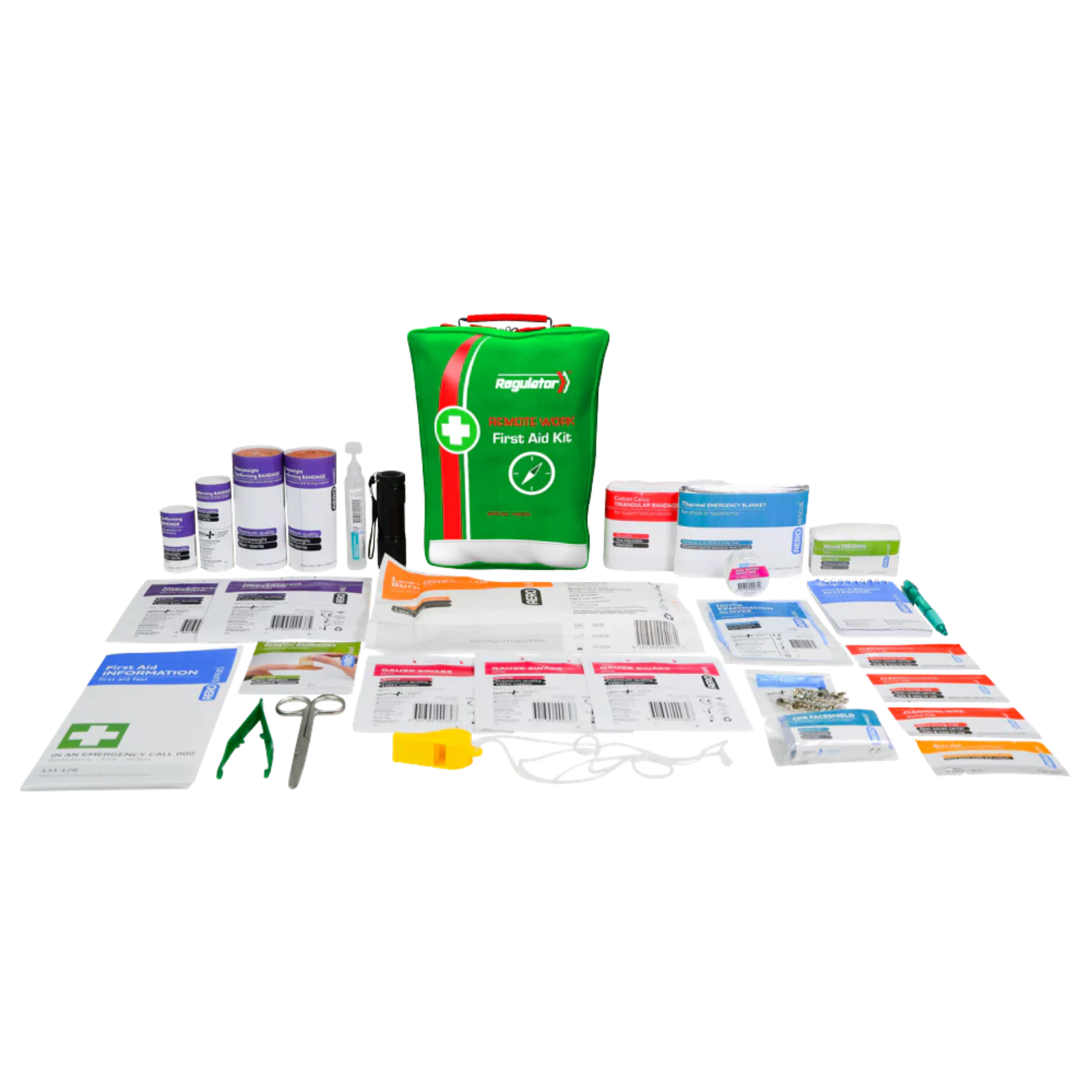 A comprehensive Regulator Remote Work First Aid Kit with all contents displayed, including bandages, gauze, thermal blanket, scissors, whistle, and emergency guides on a light grey background.