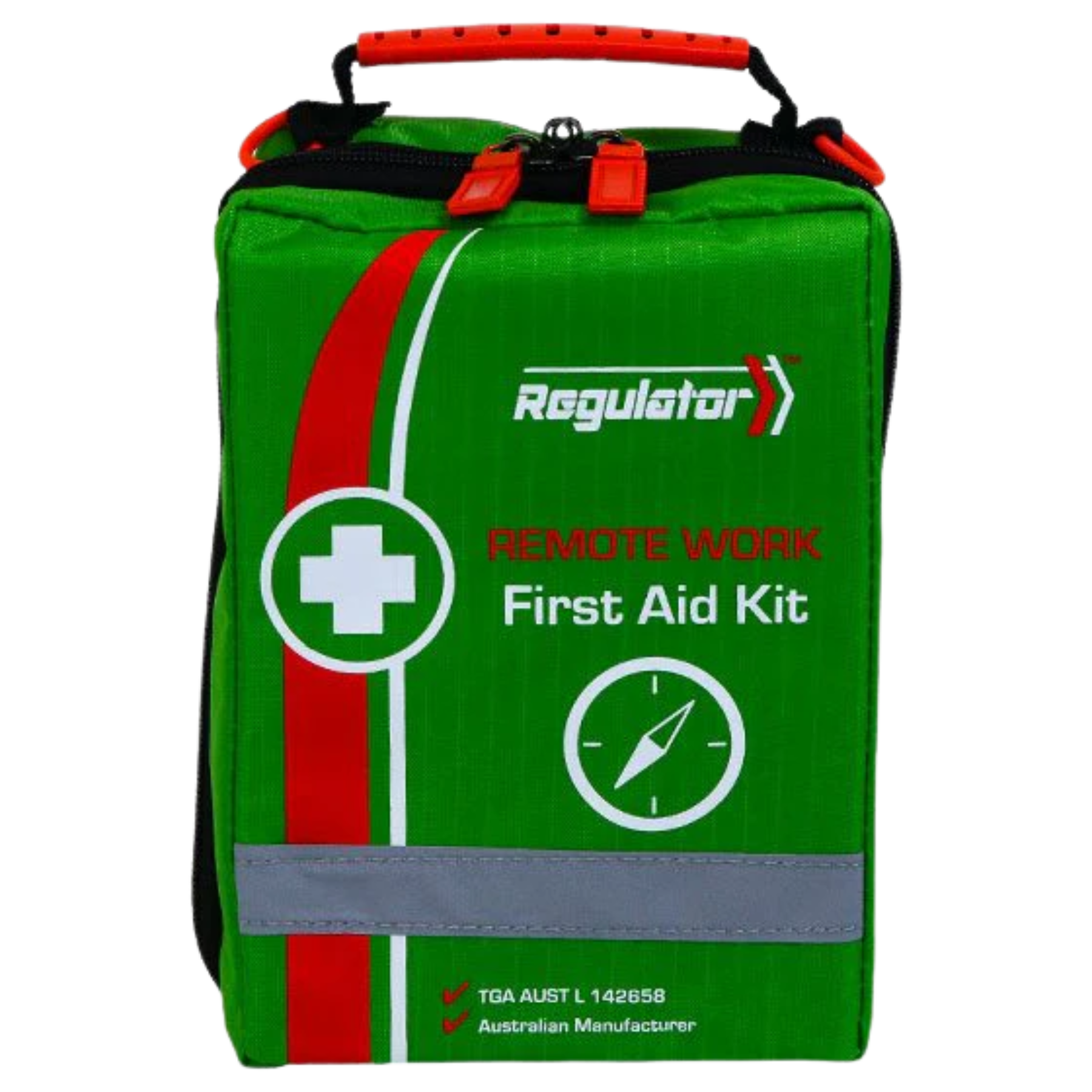 Front view of a green Regulator Remote Work First Aid Kit bag featuring a white cross, red accents, and a durable carrying handle.