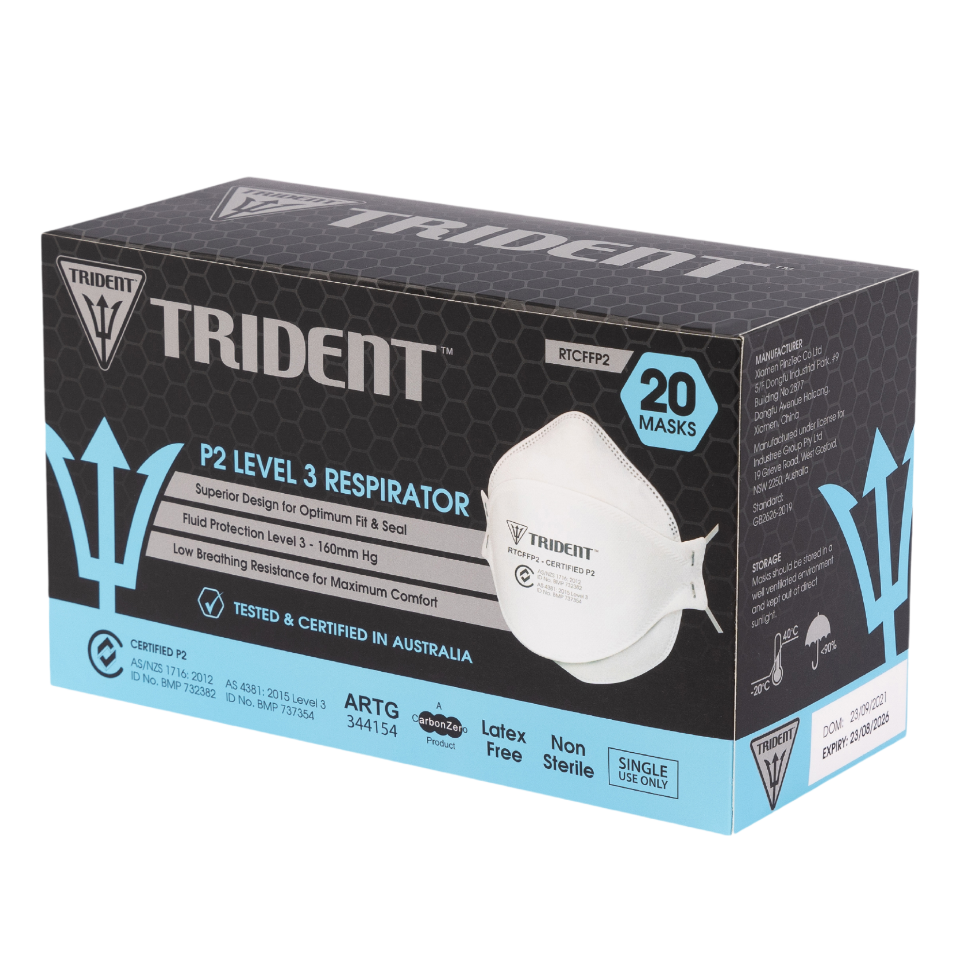 Trident Flat Fold P2 Level 3 Respirator 24 Boxes Per Carton Surgical Facemasks & Respirators