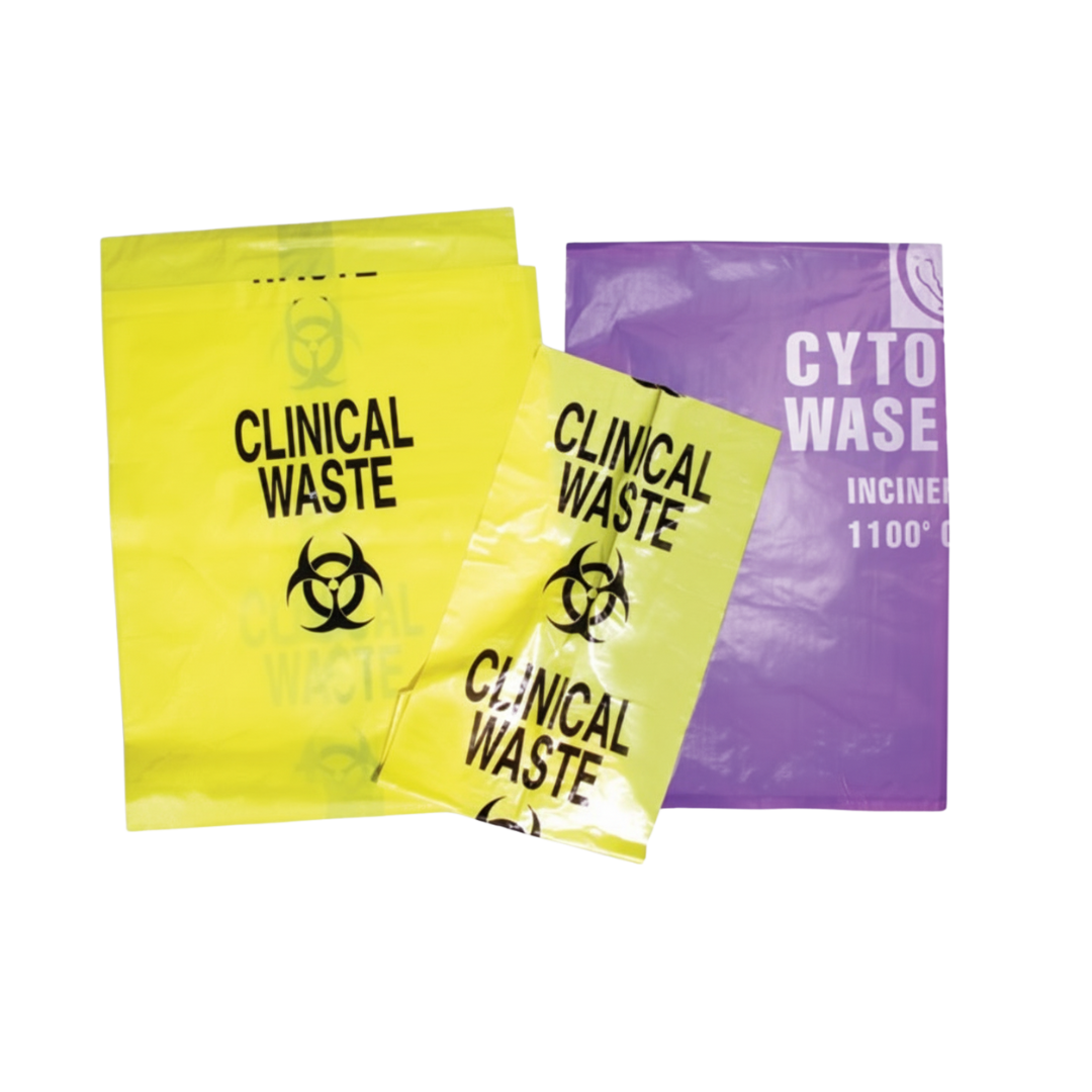Three clinical waste disposal bags in yellow and purple colors. Two yellow bags are labeled