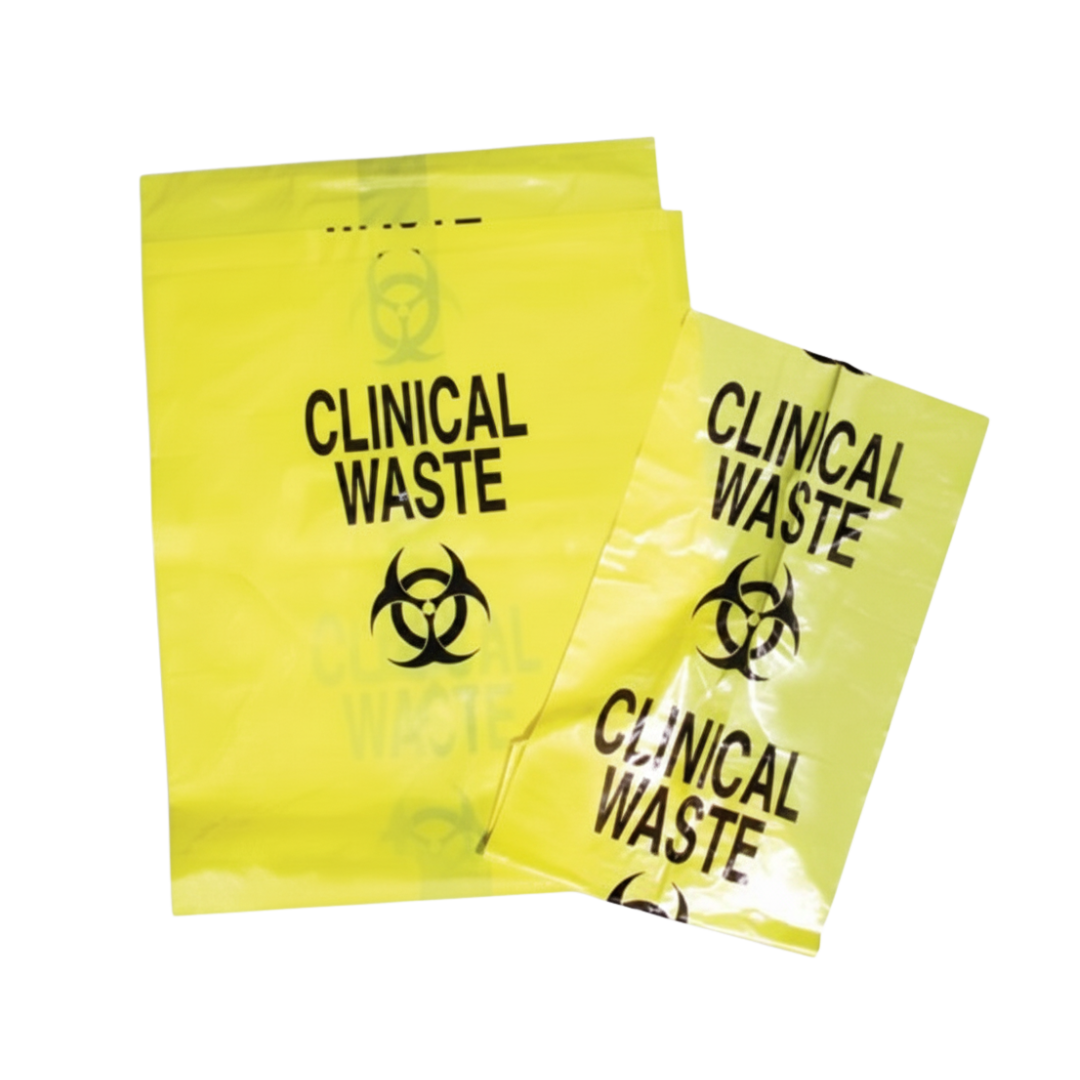 Two yellow clinical waste disposal bags with black biohazard symbols and text