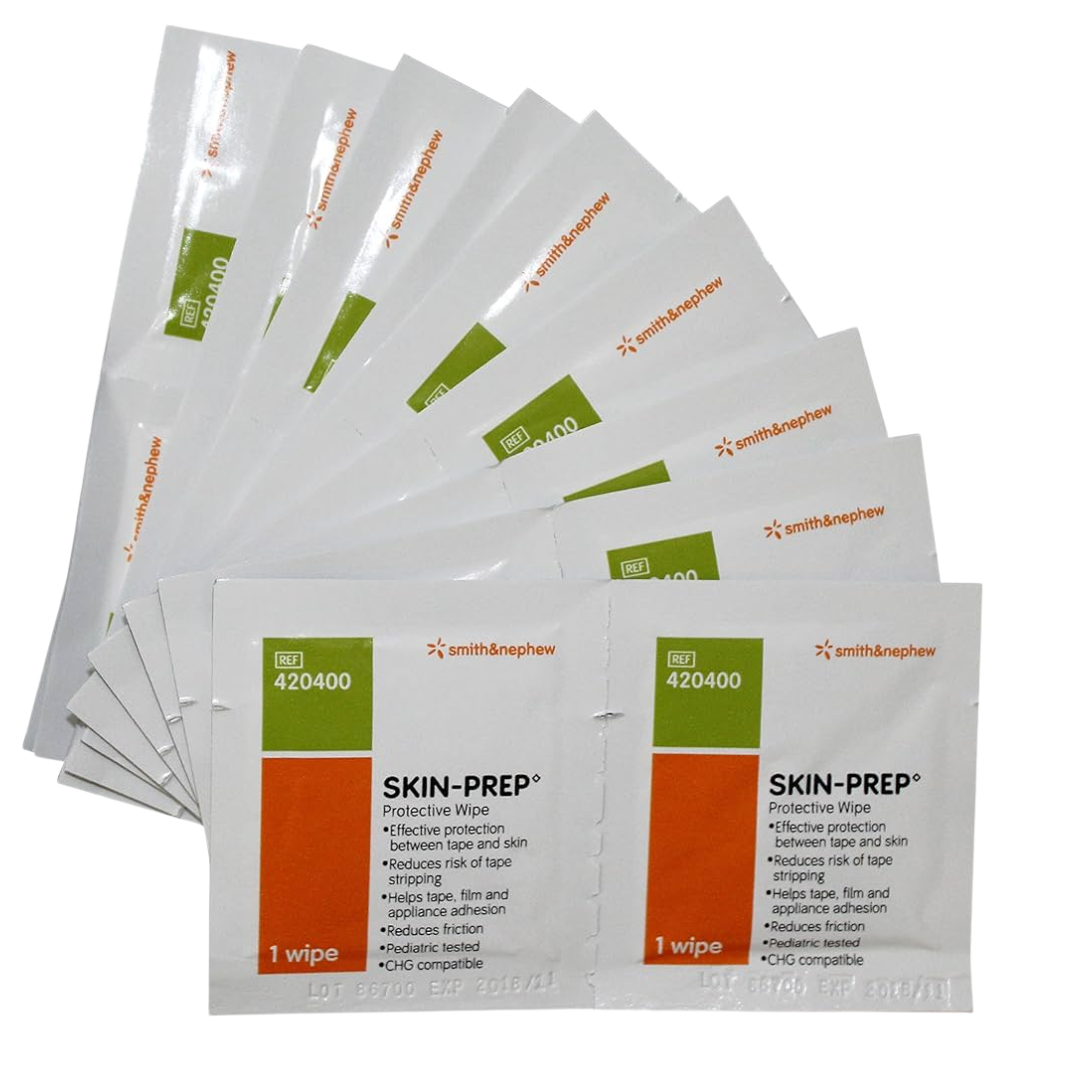Individual Skin-Prep Protective Wipe packets. Each packet features the product name, REF #420400, and is noted as pediatric tested and CHG compatible.
