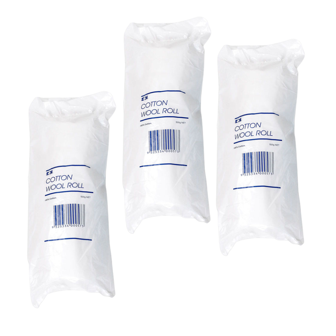 Pack of S+M Cotton Wool Rolls, 500g each, 100% cotton, white packaging with blue text and barcode