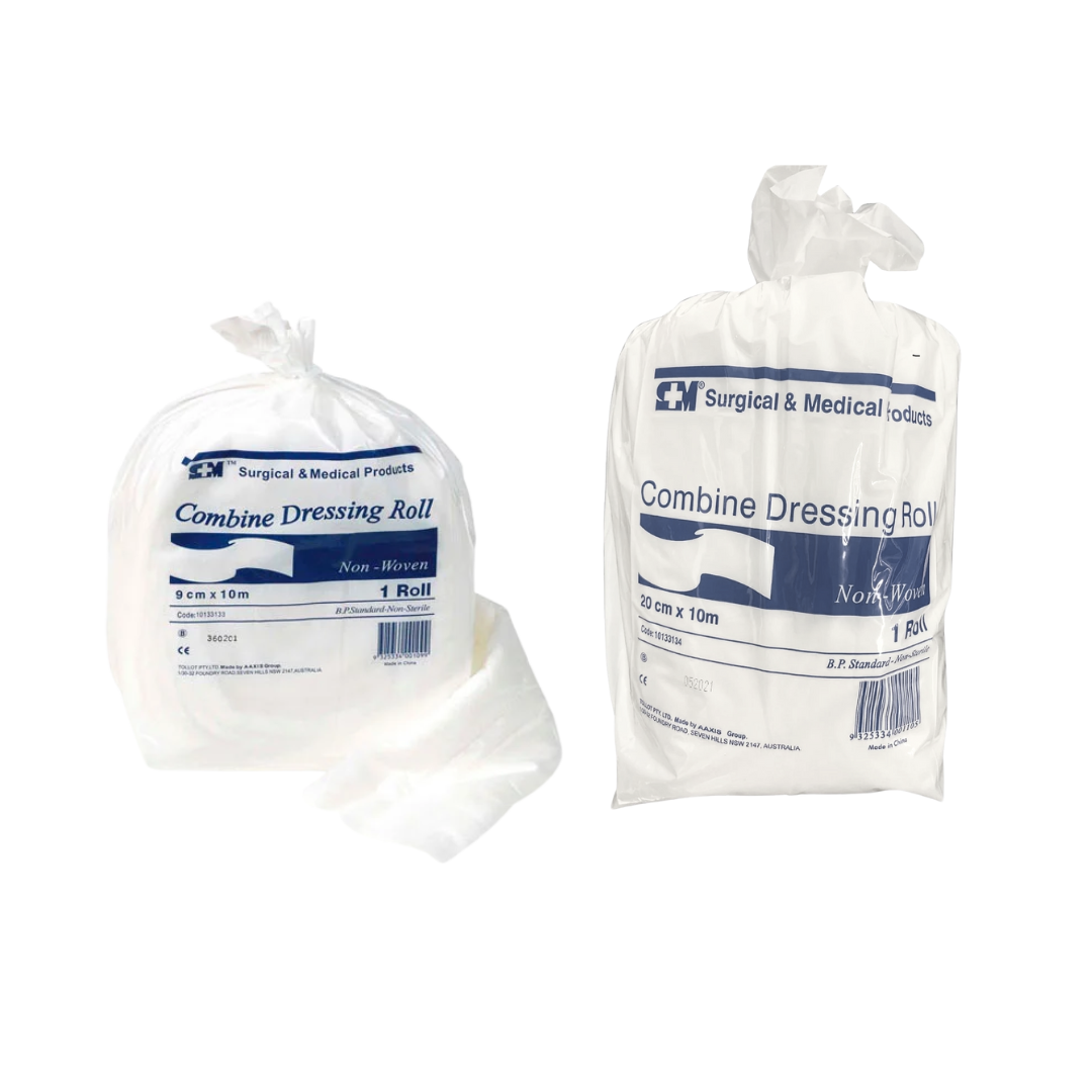 Two clear plastic bags of S+M Surgical & Medical Products Non-Woven Combine Dressing Rolls, showing the $9 \text{ cm} \times 10 \text{ m}$ and $20 \text{ cm} \times 10 \text{ m}$ sizes side-by-side.