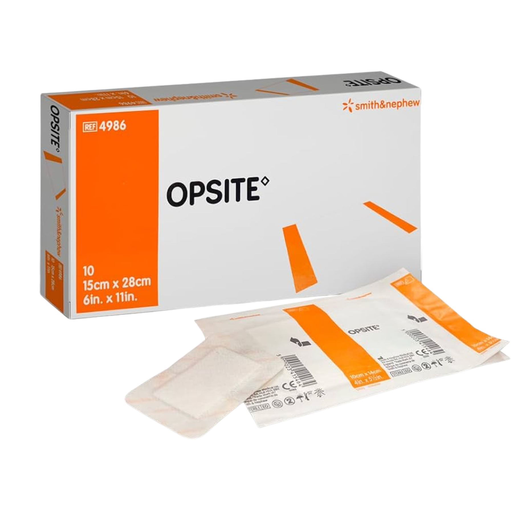 A box of Smith & Nephew Opsite transparent adhesive film shown alongside an individual sterile packet and an unwrapped dressing.