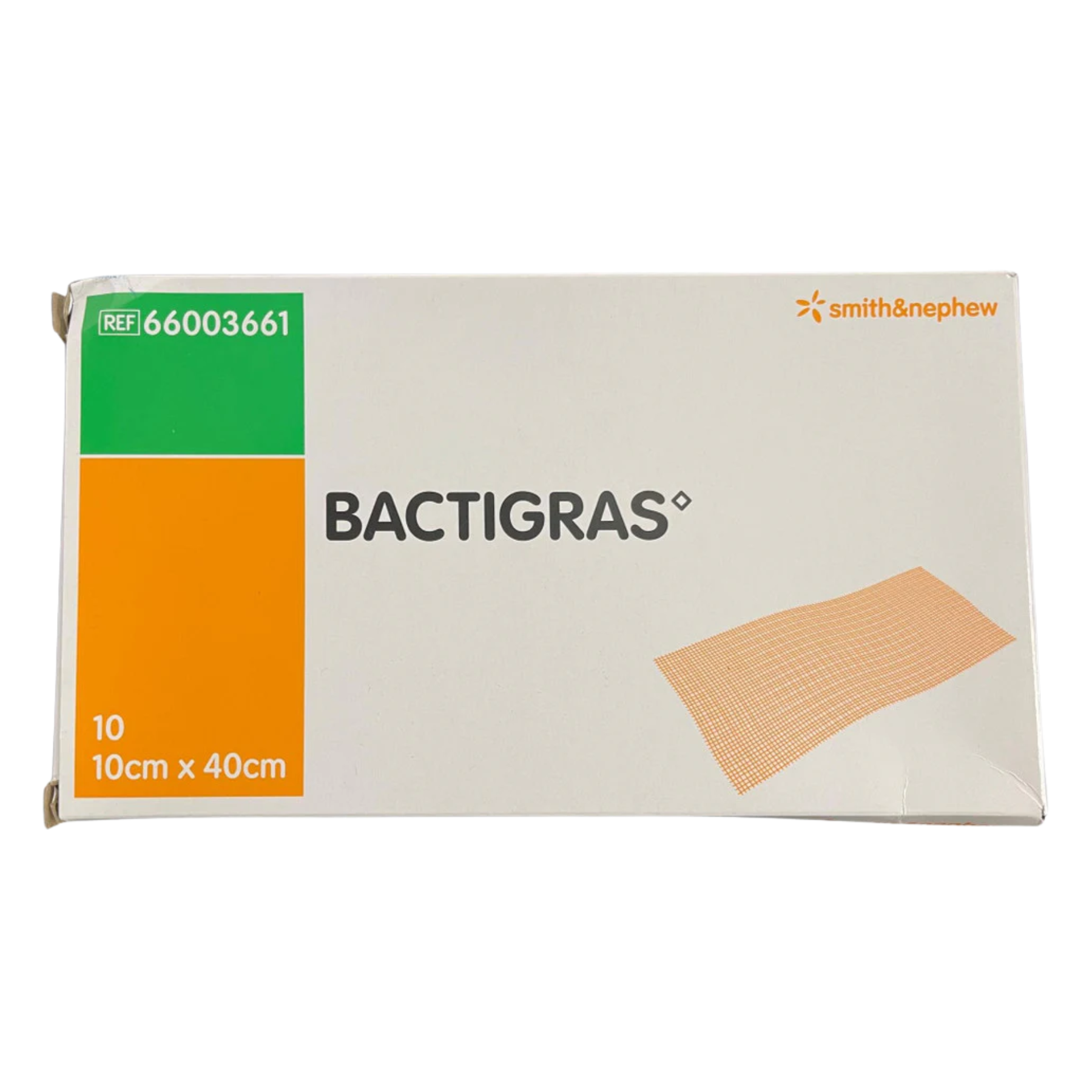 Front view of a Smith & Nephew BACTIGRAS paraffin gauze dressing box, reference 66003661, containing 10 dressings sized 10cm by 40cm.
