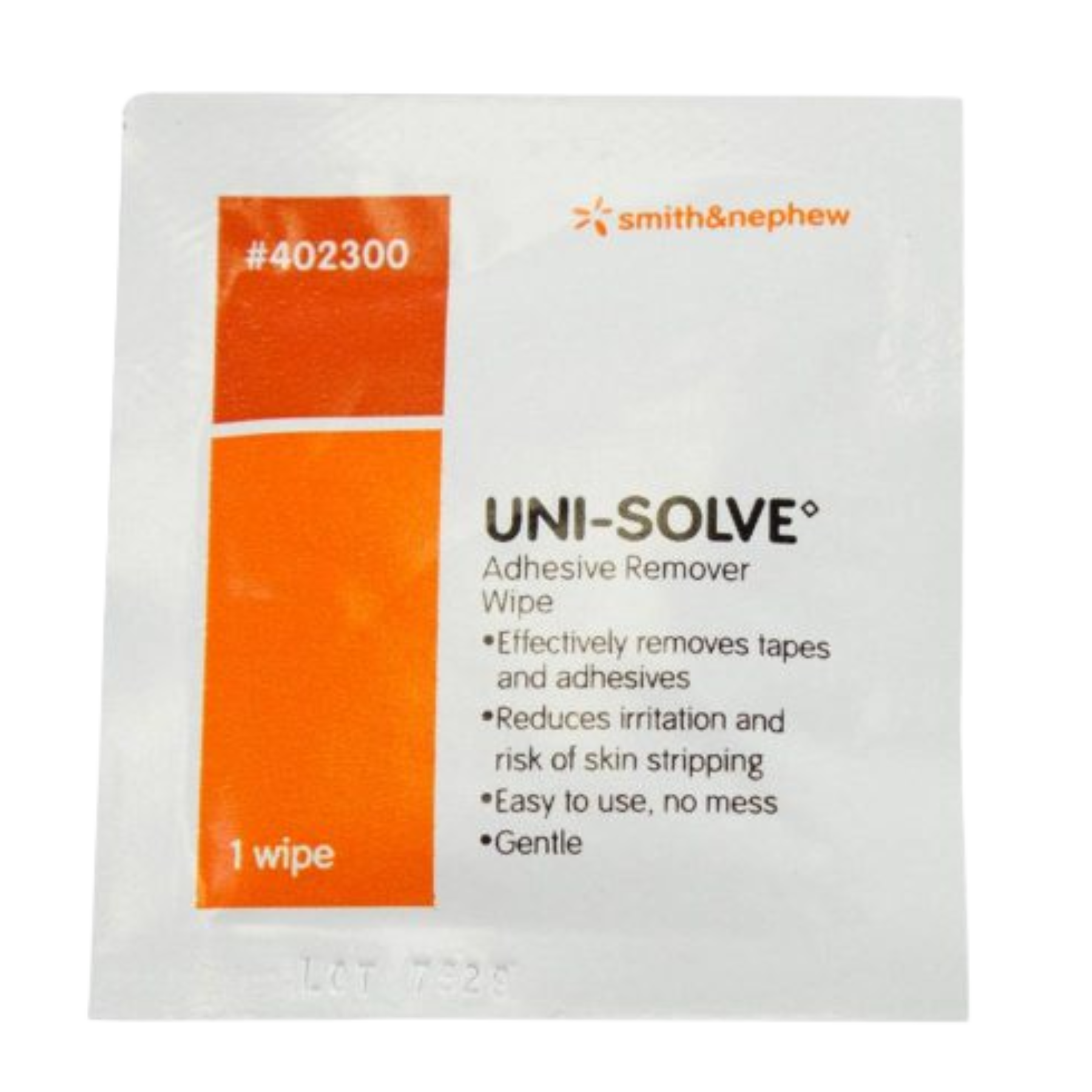 Close-up of a single UNI-SOLVE adhesive remover wipe sachet showing benefits: effectively removes tapes, reduces irritation, and gentle on skin.
