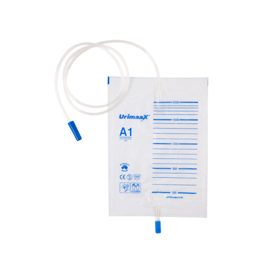 Urimaax drainage bag A1 non-sterile 2000ml with push-pull bottom drain, anti-reflux valve, graduated measurements, and universal connector