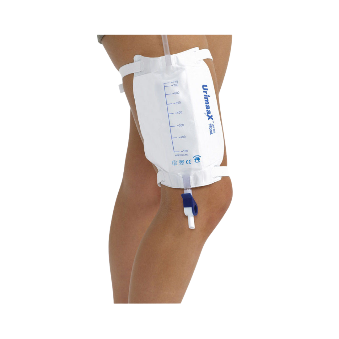 Urine collection bag on a person's leg with 'Urinex' branding.