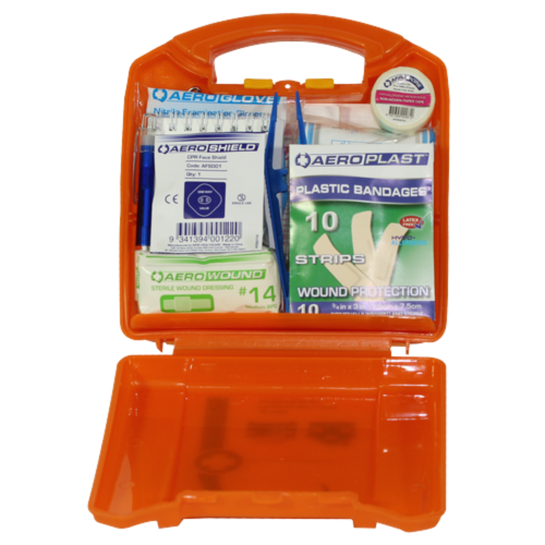 The orange Voyager hard case opened to show tightly packed supplies like AeroPlast bandages, CPR face shield, medical tape, and sterile wound dressings.
