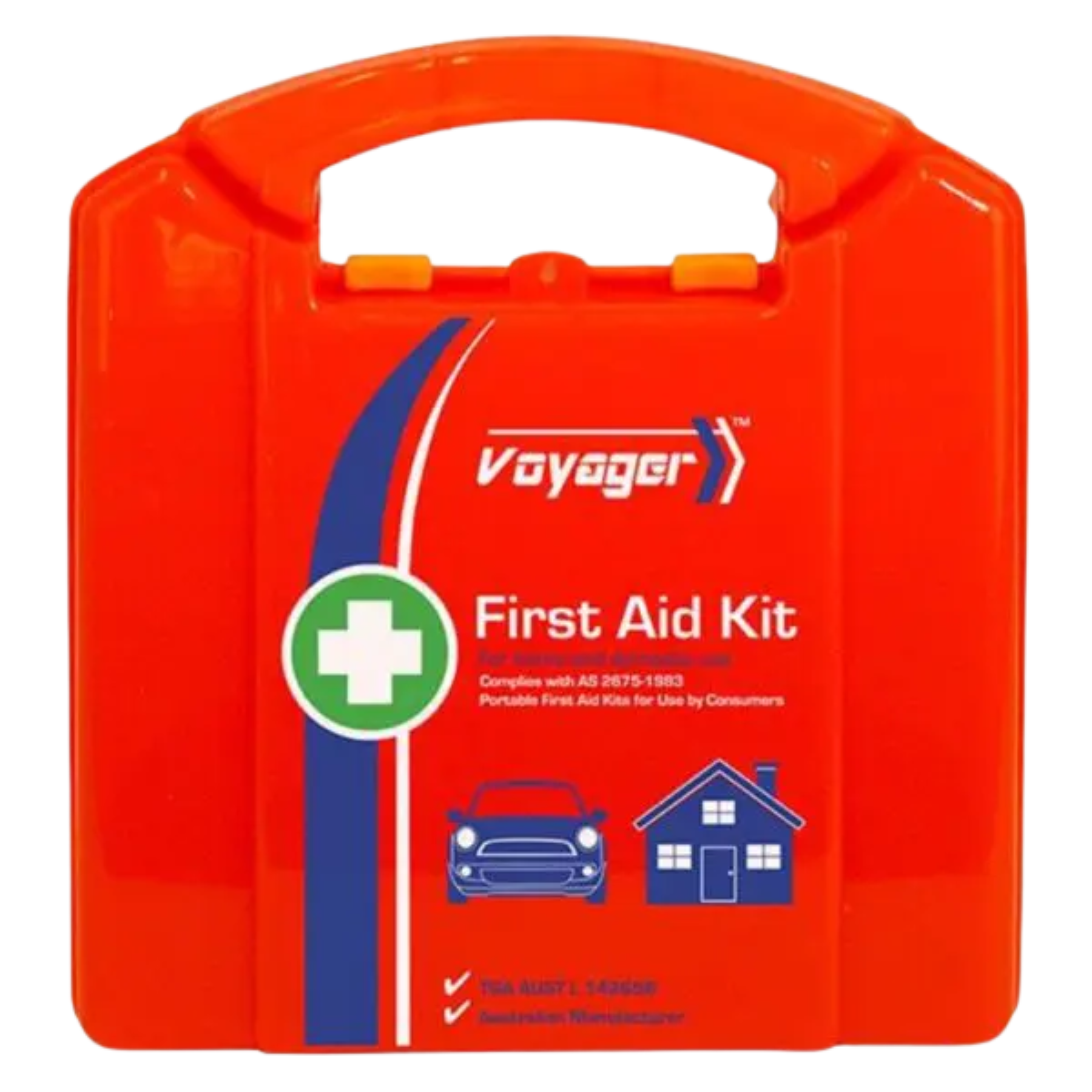 Front view of the orange Voyager First Aid Kit hard case, labeled for home and car use with icons of a vehicle and a house.