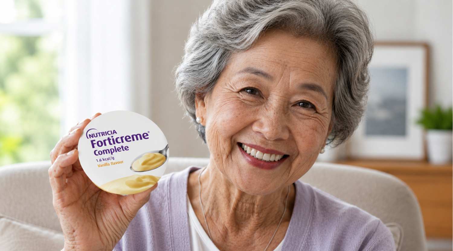 elderly woman holding up Forticreme Complete