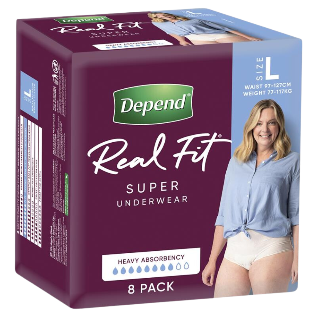 Depend RealFit Underwear Super for Women – discreet, absorbent, and comfortable incontinence underwear.