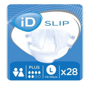 Product graphic for iD Slip Plus size Large (115–155cm) showing a 28-pack count and unisex design.