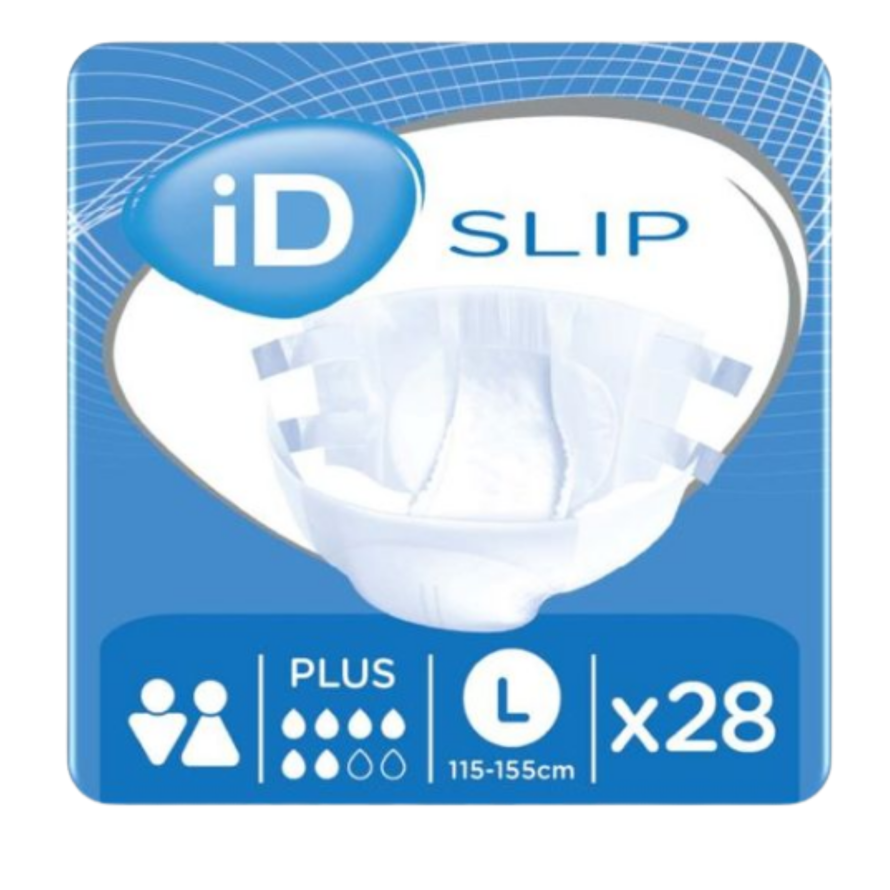 Product graphic for iD Slip Plus size Large (115–155cm) showing a 28-pack count and unisex design.