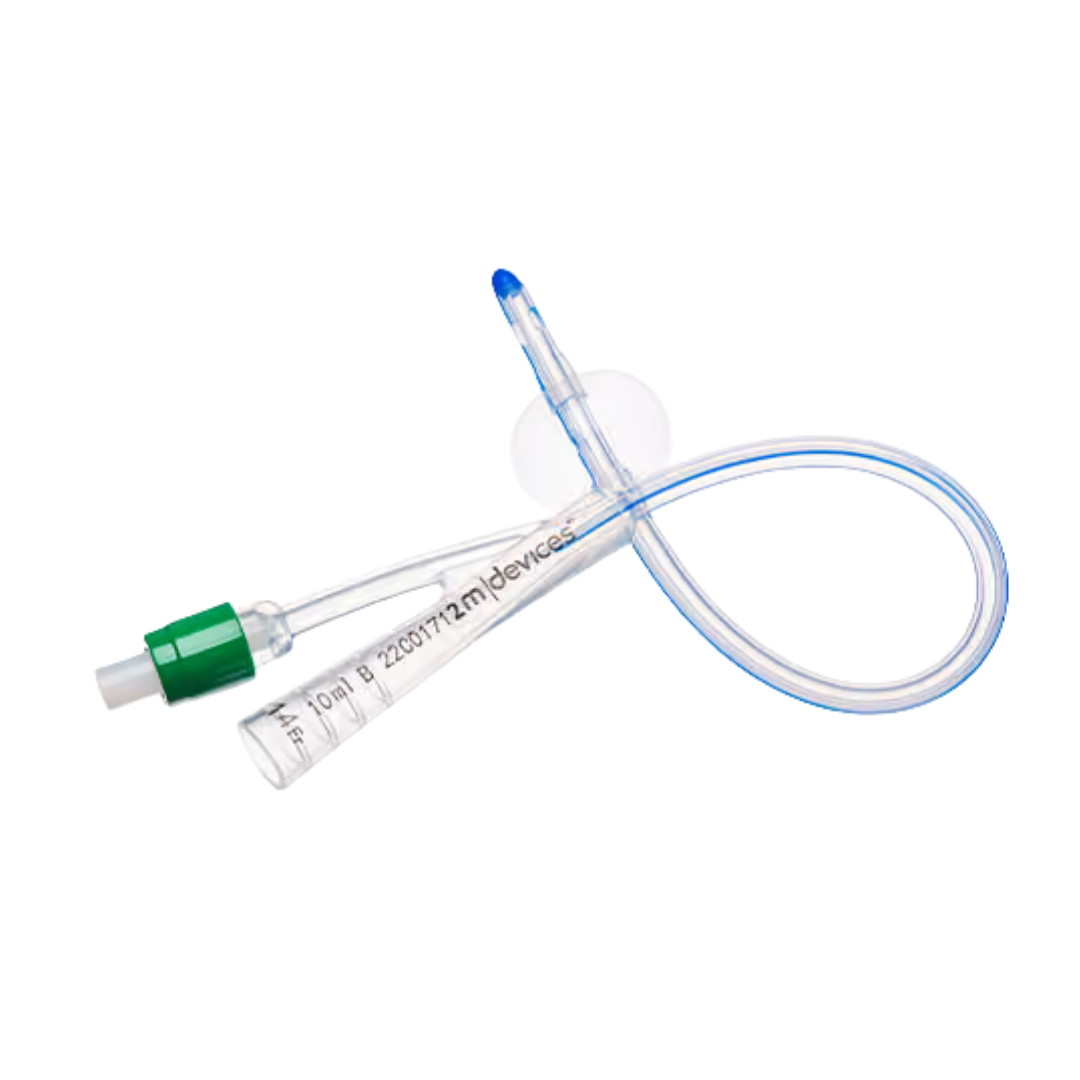 2-Way Foley Catheter Female Silicone Green 5-10ml 23cm 14FR, sterile single-use, female-specific length, colour-coded for safe bladder drainage.