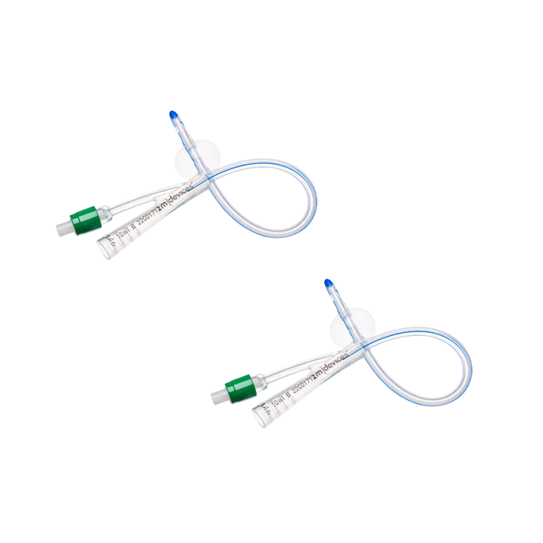 2-Way Foley Catheter Female Silicone Green 5-10ml 23cm 14FR, sterile single-use, female-specific length, colour-coded for safe bladder drainage.