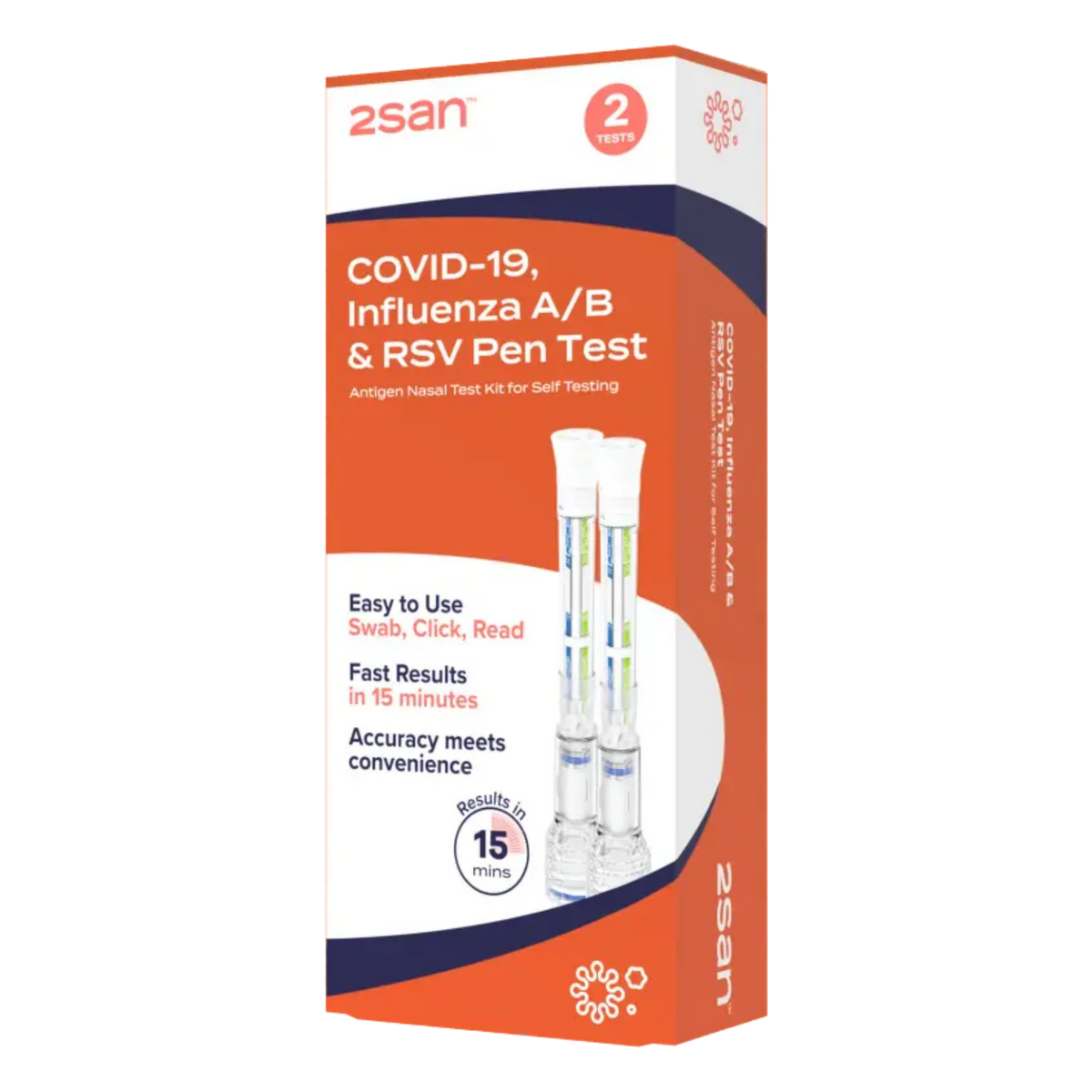 White and orange retail box for 2SAN COVID-19, Influenza A/B & RSV Pen Test 2-pack showing product details, a "2 Tests" badge, and an illustration of the pen-style testing devices on a transparent background.