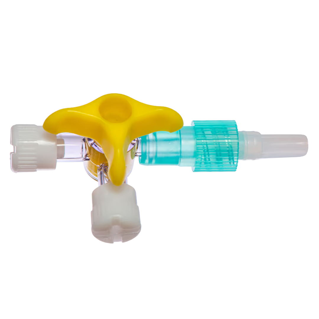 Sterile single-use 3-way stopcock, lipid-resistant material, secure connections, multiple line access for safe and precise IV fluid management.
