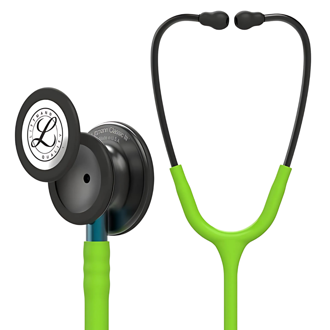 3M Littmann Classic III Stethoscope – Lime Green tubing with smoke-finish chestpiece and headset, ideal for medical professionals.