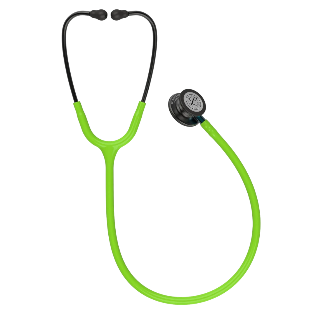 3M Littmann Classic III Stethoscope – Lime Green tubing with smoke-finish chestpiece and headset, ideal for medical professionals.
