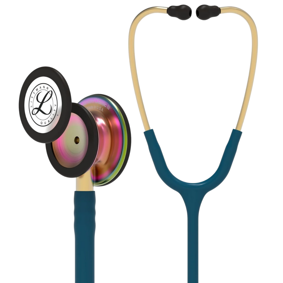 3M Littmann Classic III Rainbow Caribbean stethoscope with dual diaphragm and vibrant blue tubing on white background.