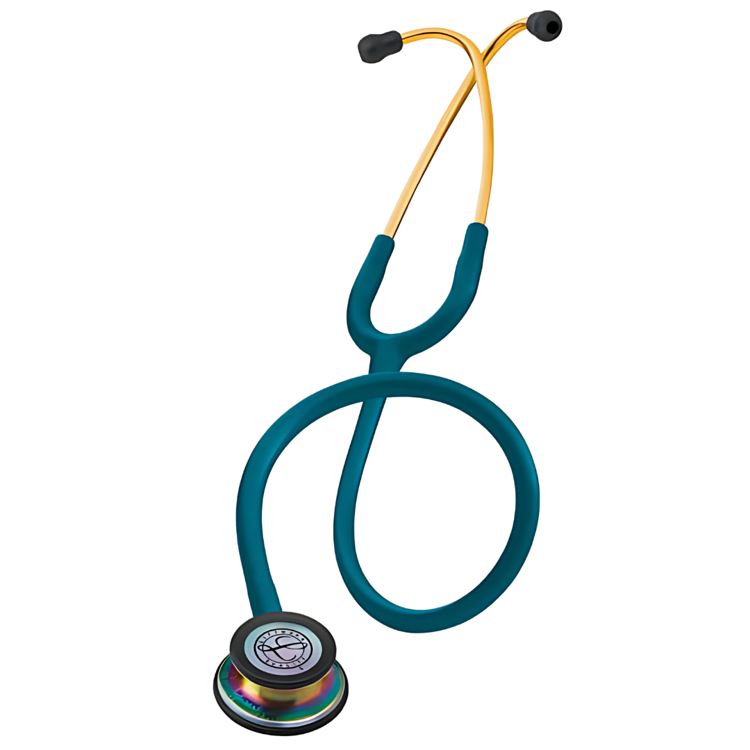 3M Littmann Classic III Rainbow Caribbean stethoscope with dual diaphragm and vibrant blue tubing on white background.