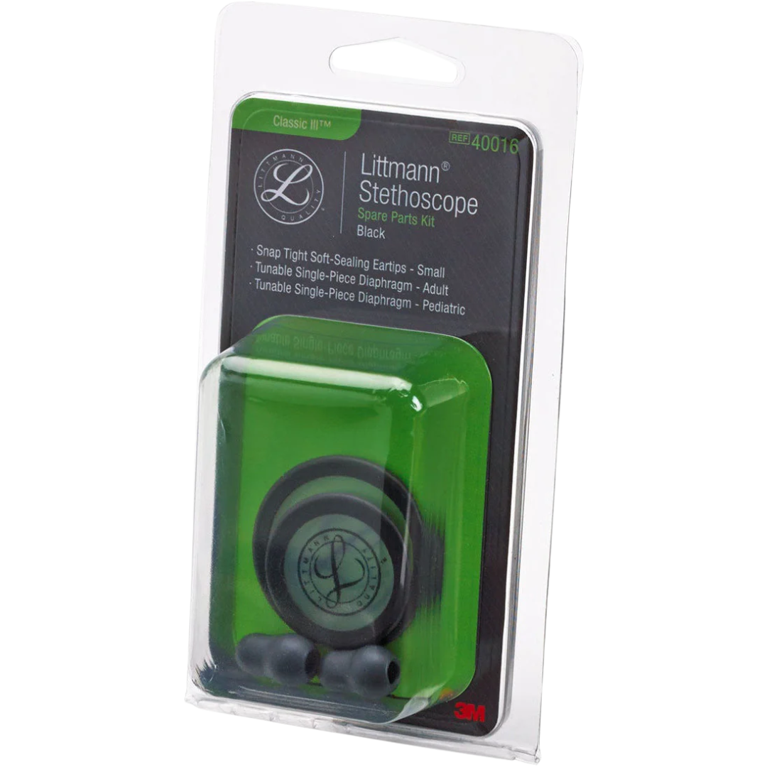 3M Littmann Stethoscope Spare Parts Kit – Classic III and Cardiology IV, Core Black with diaphragm, ear tips, and bell sleeve