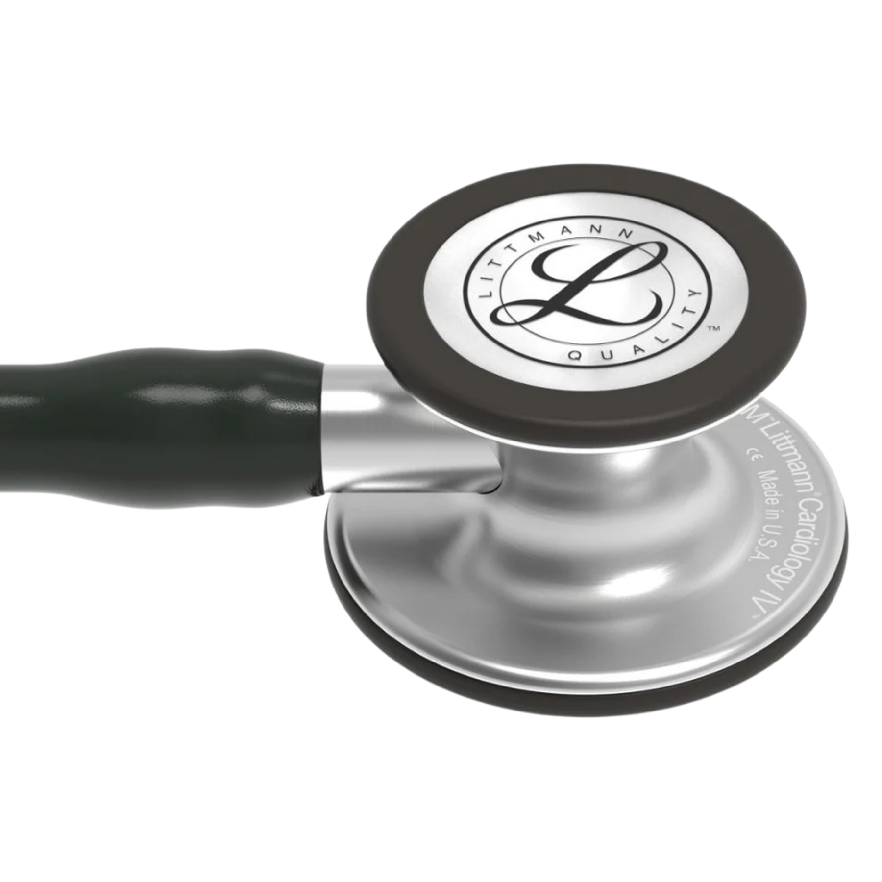 Close-up of the dual-sided stainless steel chestpiece for the 3M Littmann Cardiology IV diagnostic stethoscope.