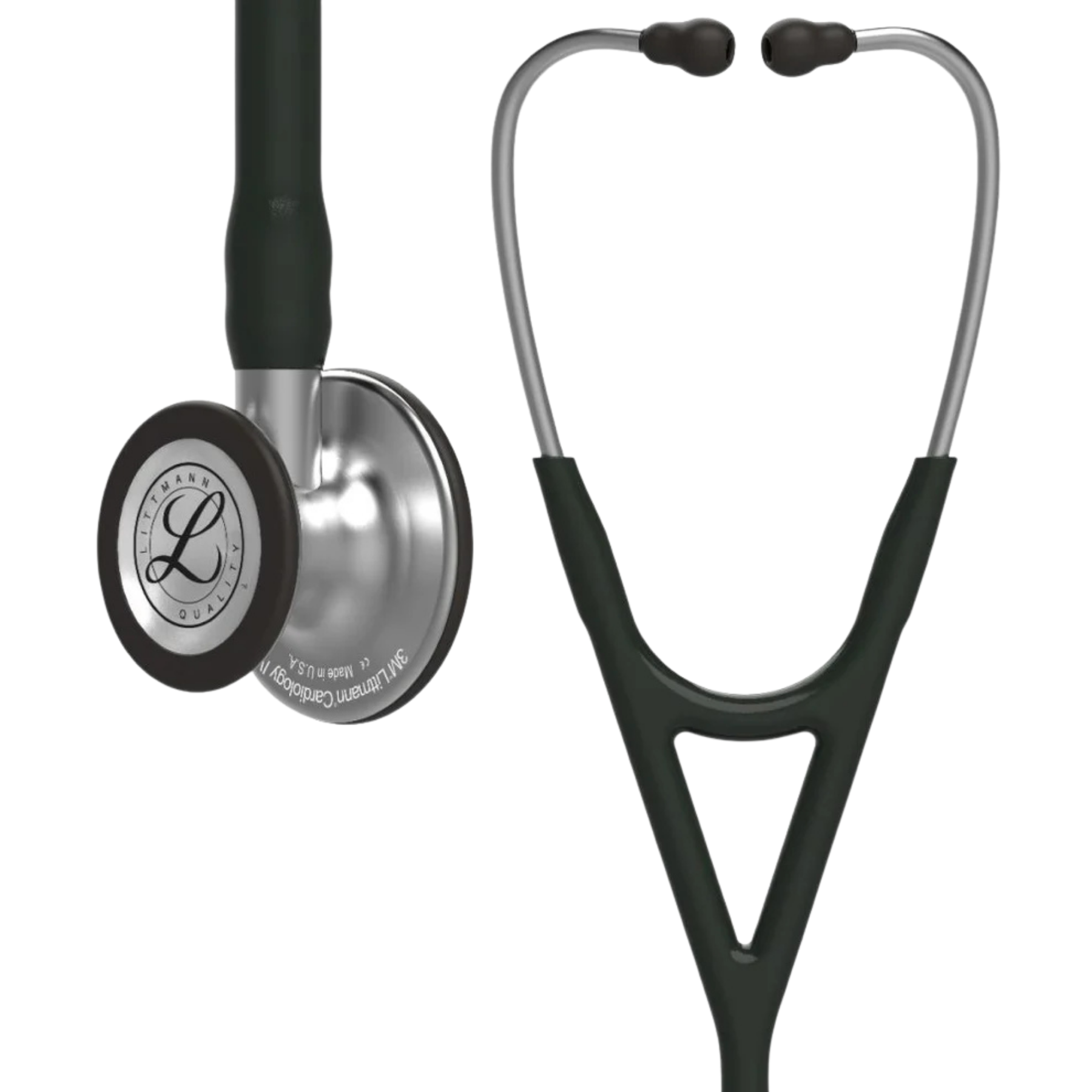 Front-facing view of a 3M Littmann Cardiology IV stethoscope with black tubing and a stainless steel chestpiece.