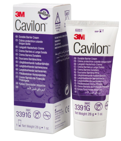 The retail box and 28g tube of 3M Cavilon Durable Barrier Cream (REF 3391G), featuring a purple label and compact size for skin protection.