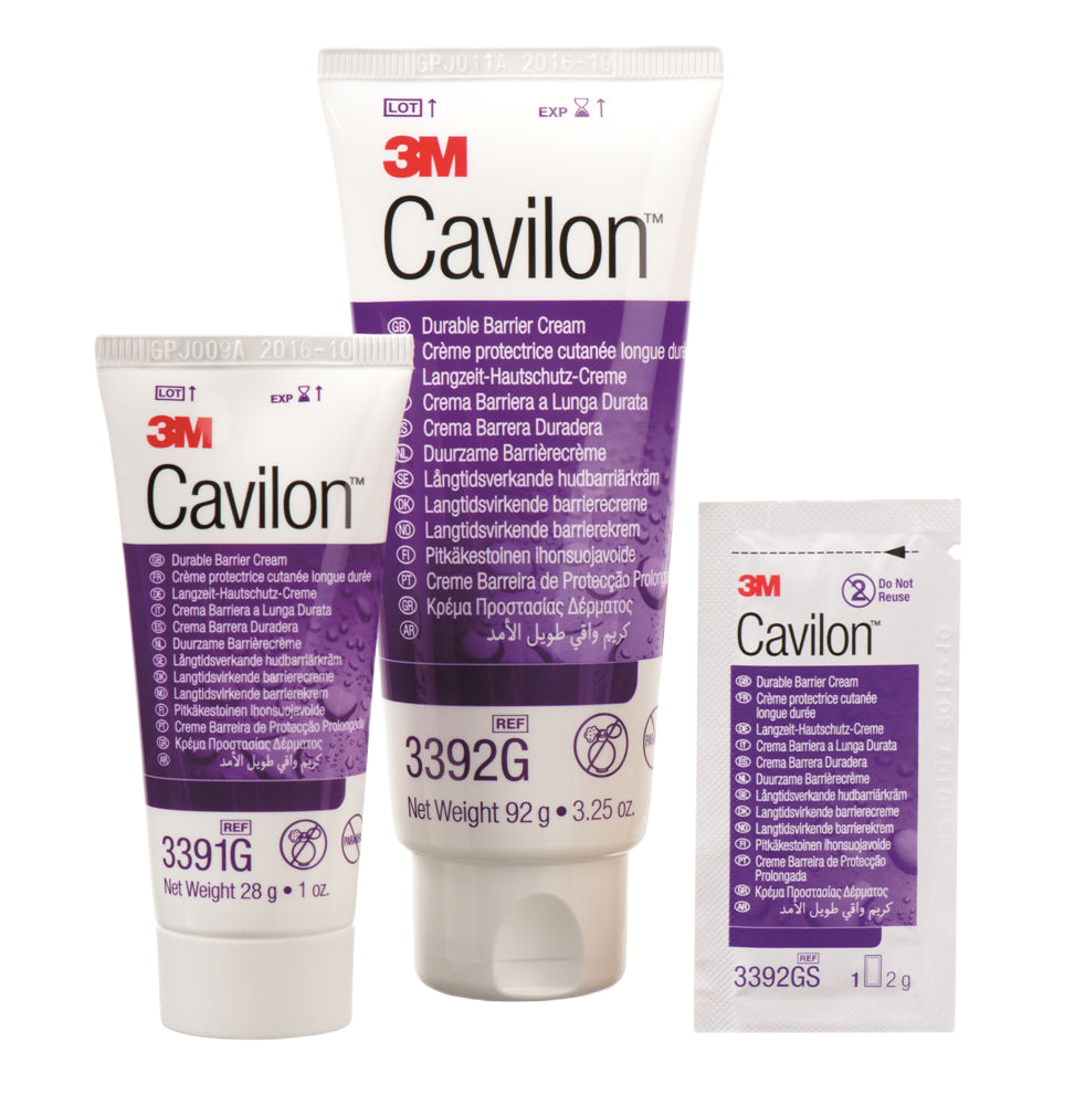 Comparison of 3M Cavilon Durable Barrier Cream formats including the 92g tube, the 28g travel size tube, and the 2g individual sachet.