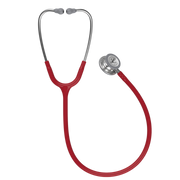 Red stethoscope on a white background