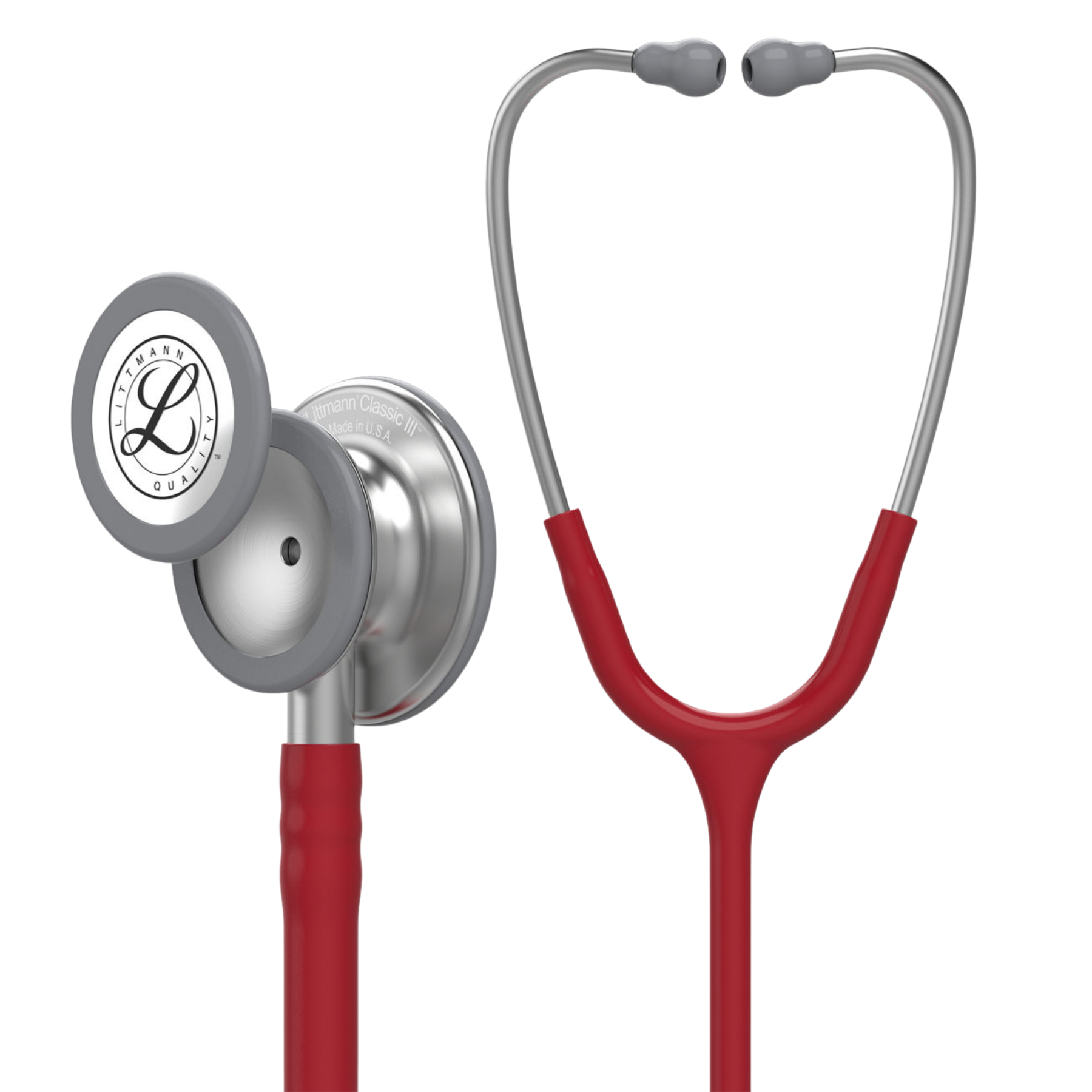Red stethoscope with silver accents on a white background